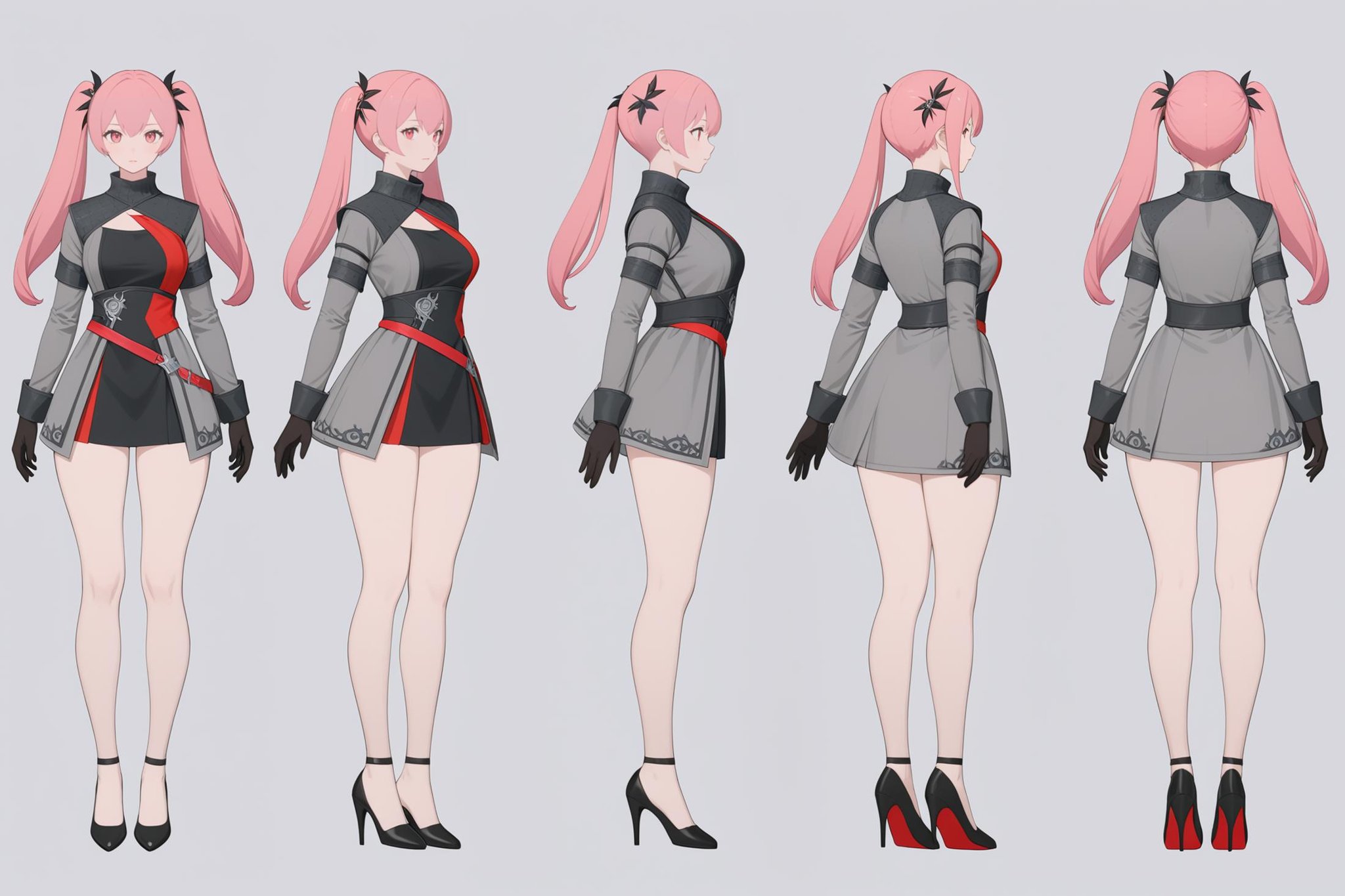 (VIEWS:0),  full body character turnaround of 1girl, Multiple views of the same character in the same outfit,  simple background, white background,(theme:0),  medieval, fantasy, Dungeon And Dragon,anime character, female, pink twin-tails, gray jacket, asymmetrical coat, black gloves, high heels, red accents, intricate design, futuristic, cosplay, stylish, detailed, fashion design, sleek, modern, artistic,<lora:bg3TurnXL_v1_pony:0.1><lora:Witcher3turn_v1_Pony:0.1><lora:medieval2turn_v1_Pony:0.1><lora:CharTurnXL_v4_Pony:0.1><lora:bg3TurnXL_v1:0.1><lora:Witcher3TurnXL_v1:0.1><lora:Medieval2TurnXL_v1:0.1><lora:CharTurnXLRetag_v4:0.6>