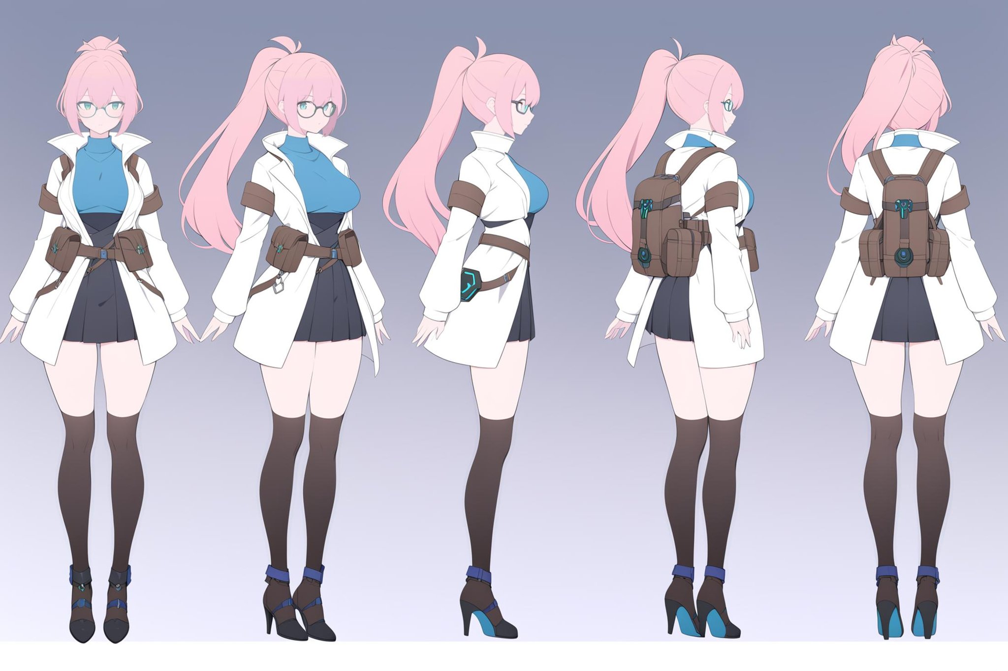 (VIEWS:0),  full body character turnaround of 1girl, Multiple views of the same character in the same outfit,  simple background, white background,(theme:0),  medieval, fantasy, Dungeon And Dragon,anime character, female, pink hair, ponytail, white coat, blue top, black skirt, stockings, high heels, glasses, futuristic, utility belt, vials, sci-fi, cyberpunk, mechanical backpack, accessories, detailed,<lora:bg3TurnXL_v1_pony:0.1><lora:Witcher3turn_v1_Pony:0.1><lora:medieval2turn_v1_Pony:0.1><lora:CharTurnXL_v4_Pony:0.1><lora:bg3TurnXL_v1:0.1><lora:Witcher3TurnXL_v1:0.1><lora:Medieval2TurnXL_v1:0.1><lora:CharTurnXLRetag_v4:0.6>