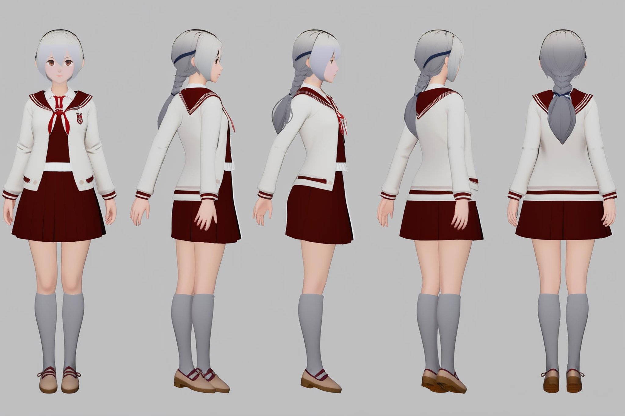 (VIEWS:0),  full body character turnaround of 1girl, Multiple views of the same character in the same outfit,  simple background, white background,(theme:0),  medieval, fantasy, Dungeon And Dragon,anime character, female, school uniform, sailor outfit, skirt, thigh-high stockings, loafers, white hair, red neckerchief, gray cardigan, Japanese schoolgirl,<lora:bg3TurnXL_v1_pony:0.1><lora:Witcher3turn_v1_Pony:0.1><lora:medieval2turn_v1_Pony:0.1><lora:CharTurnXL_v4_Pony:0.1><lora:bg3TurnXL_v1:0.1><lora:Witcher3TurnXL_v1:0.1><lora:Medieval2TurnXL_v1:0.1><lora:CharTurnXLRetag_v4:0.6>