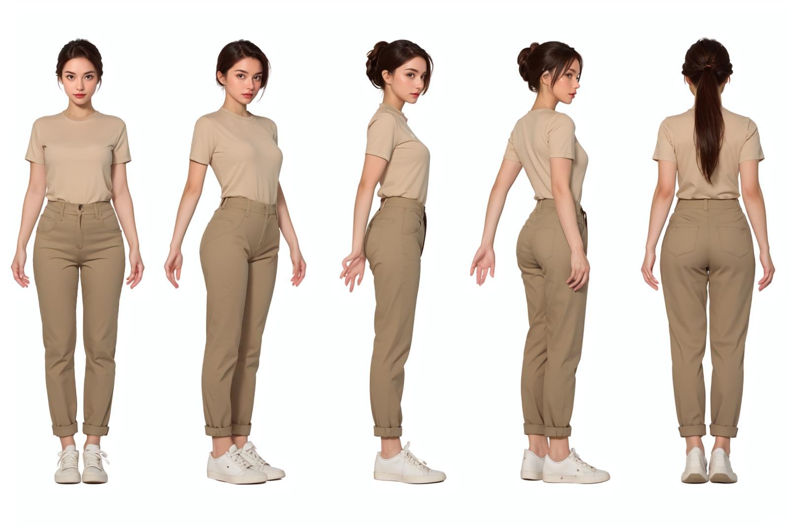 highres, masterpiece,multi-view, turnaround, model sheet,  character design,white background, simple background,full body character turnaround of 1girl, Multiple views of the same character in the same outfit,female flight attendant, beige uniform, white sneakers, short-sleeved shirt, high-waisted pants, casual professional attire, realistic textures, professional demeanor, service industry, modern aircraft,<lora:CharTurnRetag_v4:0.6><lora:Witcher3turn_v1:0.1><lora:Medieval2turn_v1:0.1><lora:bg3Turn_v1:0.1>