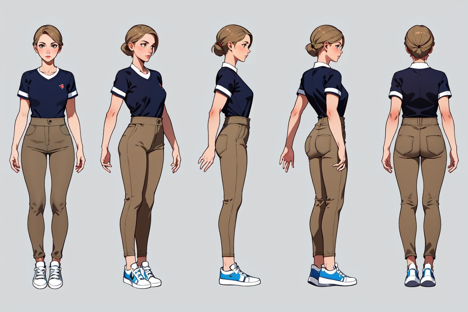 highres, masterpiece,multi-view, turnaround, model sheet,  character design,white background, simple background,full body character turnaround of 1girl, Multiple views of the same character in the same outfit,female flight attendant, beige uniform, white sneakers, short-sleeved shirt, high-waisted pants, casual professional attire, realistic textures, professional demeanor, service industry, modern aircraft,<lora:CharTurnRetag_v4:0.6><lora:Witcher3turn_v1:0.1><lora:Medieval2turn_v1:0.1><lora:bg3Turn_v1:0.1>