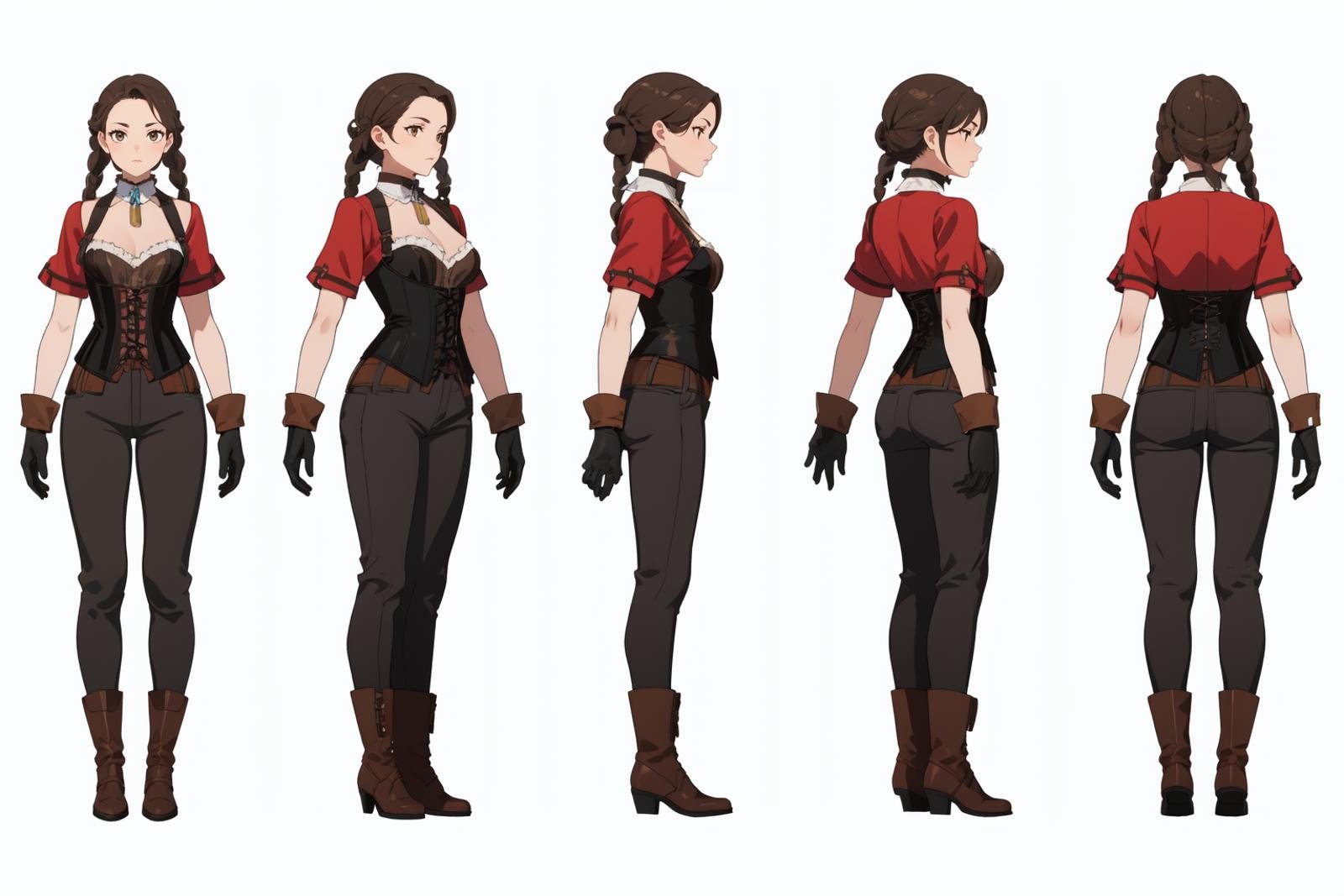 highres, masterpiece,multi-view, turnaround, model sheet,  character design,white background, simple background,full body character turnaround of 1girl, Multiple views of the same character in the same outfit,detailed costume design, embroidered corset, lace detailing, leather gloves, brown leather boots, high collar, patterned blouse, fantasy attire, trousers, detailed braided hairstyle, ornamental accessories, layered clothing, Victorian-era influence, ruffled cuffs and pants,<lora:CharTurnRetag_v4:0.6><lora:Witcher3turn_v1:0.1><lora:Medieval2turn_v1:0.1><lora:bg3Turn_v1:0.1>