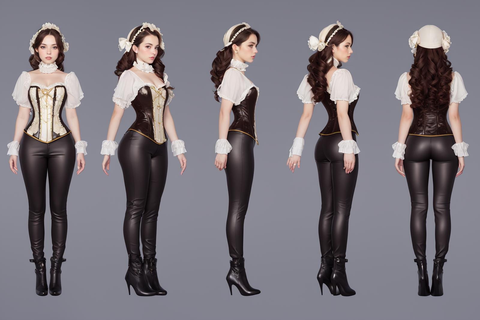 highres, masterpiece,multi-view, turnaround, model sheet,  character design,white background, simple background,full body character turnaround of 1girl, Multiple views of the same character in the same outfit,detailed costume design, embroidered corset, lace detailing, leather gloves, brown leather boots, high collar, patterned blouse, fantasy attire, ornate headgear, trousers, detailed braided hairstyle, ornamental accessories, layered clothing, Victorian-era influence, ruffled cuffs and pants,<lora:CharTurnRetag_v4:0.6><lora:Witcher3turn_v1:0.1><lora:Medieval2turn_v1:0.1><lora:bg3Turn_v1:0.1>