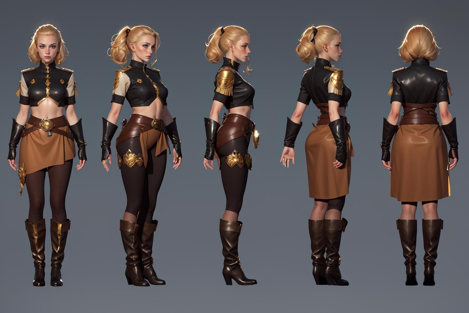 highres, masterpiece,multi-view, turnaround, model sheet,  character design,white background, simple background,full body character turnaround of 1girl, Multiple views of the same character in the same outfit,detailed costume, brown costume, militaristic outfit, leather boots, ornamental pattern, metal details, brass accents, shoulder epaulettes, waist belt, holster, looped hair, fantasy style, realistic textures, gauntlets, adventure theme,buckled footwear,<lora:CharTurnRetag_v4:0.6><lora:Witcher3turn_v1:0.1><lora:Medieval2turn_v1:0.1><lora:bg3Turn_v1:0.1>