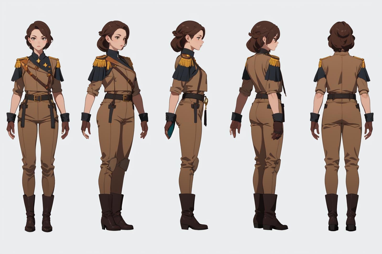 highres, masterpiece,multi-view, turnaround, model sheet,  character design,white background, simple background,full body character turnaround of 1girl, Multiple views of the same character in the same outfit,detailed costume, brown costume, militaristic outfit, leather boots, ornamental pattern, metal details, brass accents, shoulder epaulettes, waist belt, holster, looped hair, fantasy style, realistic textures, gauntlets, adventure theme,buckled footwear,<lora:CharTurnRetag_v4:0.6><lora:Witcher3turn_v1:0.1><lora:Medieval2turn_v1:0.1><lora:bg3Turn_v1:0.1>