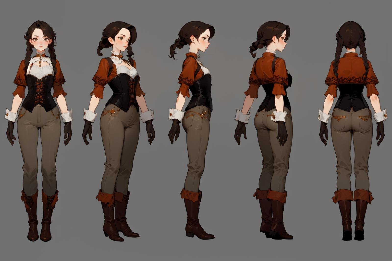 highres, masterpiece,multi-view, turnaround, model sheet,  character design,white background, simple background,full body character turnaround of 1girl, Multiple views of the same character in the same outfit,detailed costume design, embroidered corset, lace detailing, leather gloves, brown leather boots, high collar, patterned blouse, fantasy attire, trousers, detailed braided hairstyle, ornamental accessories, layered clothing, Victorian-era influence, ruffled cuffs and pants,<lora:CharTurnRetag_v4:0.6><lora:Witcher3turn_v1:0.1><lora:Medieval2turn_v1:0.1><lora:bg3Turn_v1:0.1>