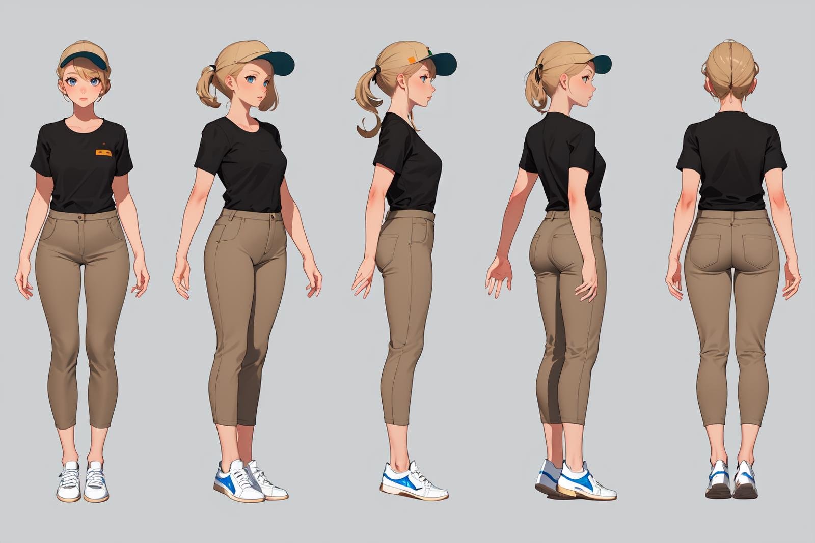 highres, masterpiece,multi-view, turnaround, model sheet,  character design,white background, simple background,full body character turnaround of 1girl, Multiple views of the same character in the same outfit,female flight attendant, beige uniform, white sneakers, short-sleeved shirt, high-waisted pants, casual professional attire, realistic textures, professional demeanor, service industry, modern aircraft,<lora:CharTurnRetag_v4:0.6><lora:Witcher3turn_v1:0.1><lora:Medieval2turn_v1:0.1><lora:bg3Turn_v1:0.1>