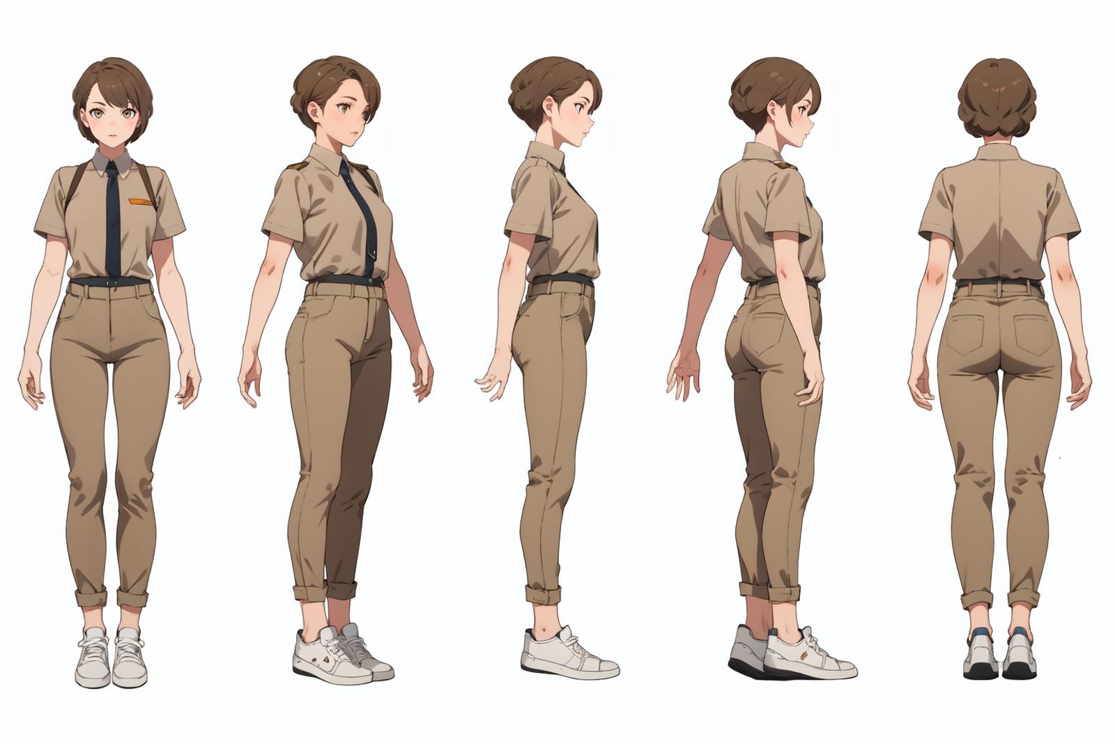 highres, masterpiece,multi-view, turnaround, model sheet,  character design,white background, simple background,full body character turnaround of 1girl, Multiple views of the same character in the same outfit,female flight attendant, beige uniform, white sneakers, short-sleeved shirt, high-waisted pants, casual professional attire, realistic textures, professional demeanor, service industry, modern aircraft,<lora:CharTurnRetag_v4:0.6><lora:Witcher3turn_v1:0.1><lora:Medieval2turn_v1:0.1><lora:bg3Turn_v1:0.1>