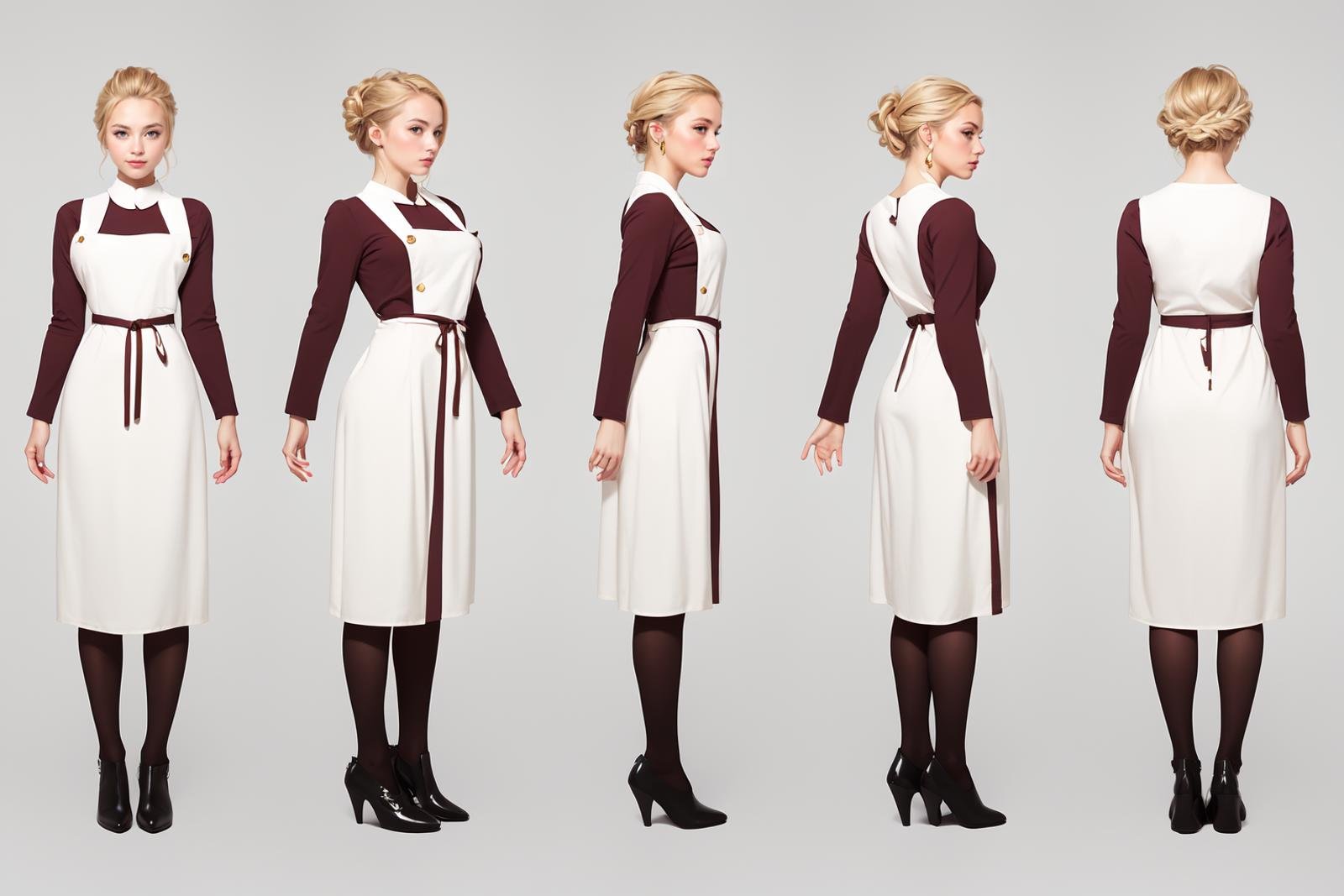 highres, masterpiece,multi-view, turnaround, model sheet,  character design,white background, simple background,full body character turnaround of 1girl, Multiple views of the same character in the same outfit,medieval,blonde hair, braided bun, victorian dress, long sleeves, apron, maroon dress, white apron, button details, black shoes, historical attire, traditional clothing, adult, period costume, elegant dress, detailed illustration, classic style, full-length dress,<lora:CharTurnRetag_v4:0.1><lora:Witcher3turn_v1:0.1><lora:Medieval2turn_v1:0.6><lora:bg3Turn_v1:0.1>