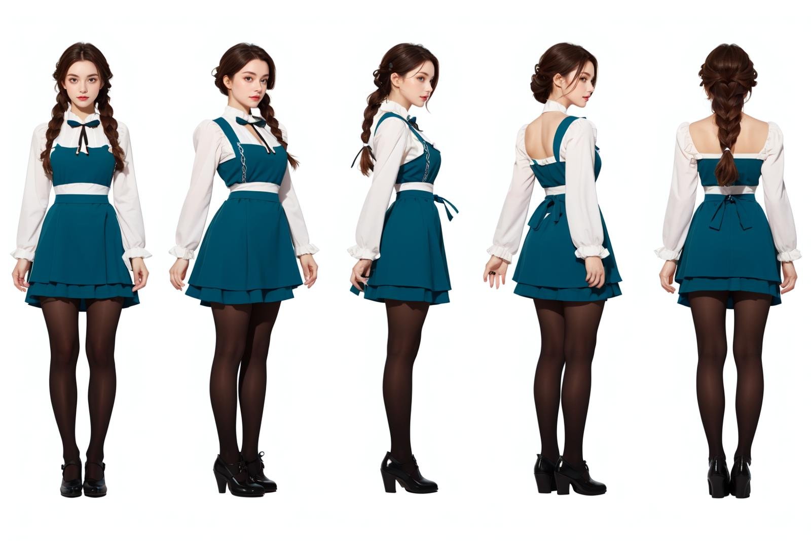 highres, masterpiece,multi-view, turnaround, model sheet,  character design,white background, simple background,full body character turnaround of 1girl, Multiple views of the same character in the same outfit,medieval,female character, teal dress, maid outfit, frilled apron, black tights, dark shoes, long brown hair, braided hairstyle, white cuffs, blue ribbon, elegant attire, layered skirt, long sleeves,<lora:CharTurnRetag_v4:0.1><lora:Witcher3turn_v1:0.1><lora:Medieval2turn_v1:0.6><lora:bg3Turn_v1:0.1>