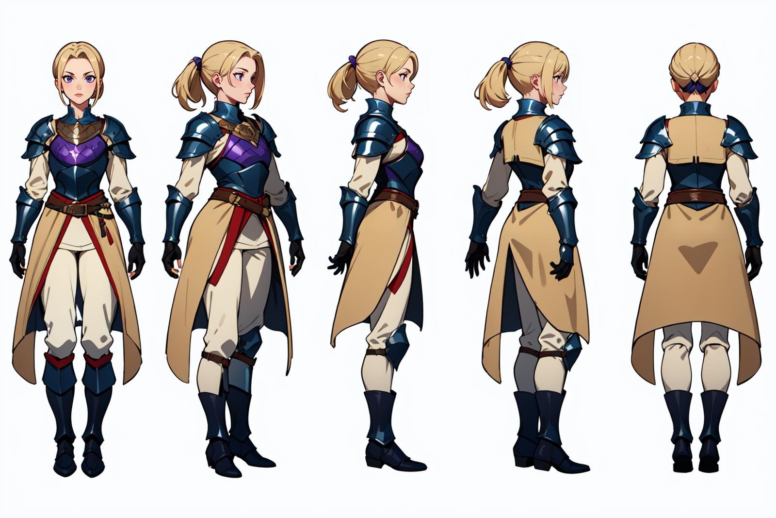 highres, masterpiece,multi-view, turnaround, model sheet,  character design,white background, simple background,full body character turnaround of 1girl, Multiple views of the same character in the same outfit,medieval, fantasy,female warrior, medieval armor, chest plate, detailed outfit, metallic chest plate, pauldrons, arm guards, knee pads, white and purple tunic, beige pants, black boots, short blonde hair, ponytails, adventure genre, clothed in layers, cloth and metal attire, armored gloves, <lora:CharTurnRetag_v4:0.1><lora:Witcher3turn_v1:0.1><lora:Medieval2turn_v1:0.6><lora:bg3Turn_v1:0.1>