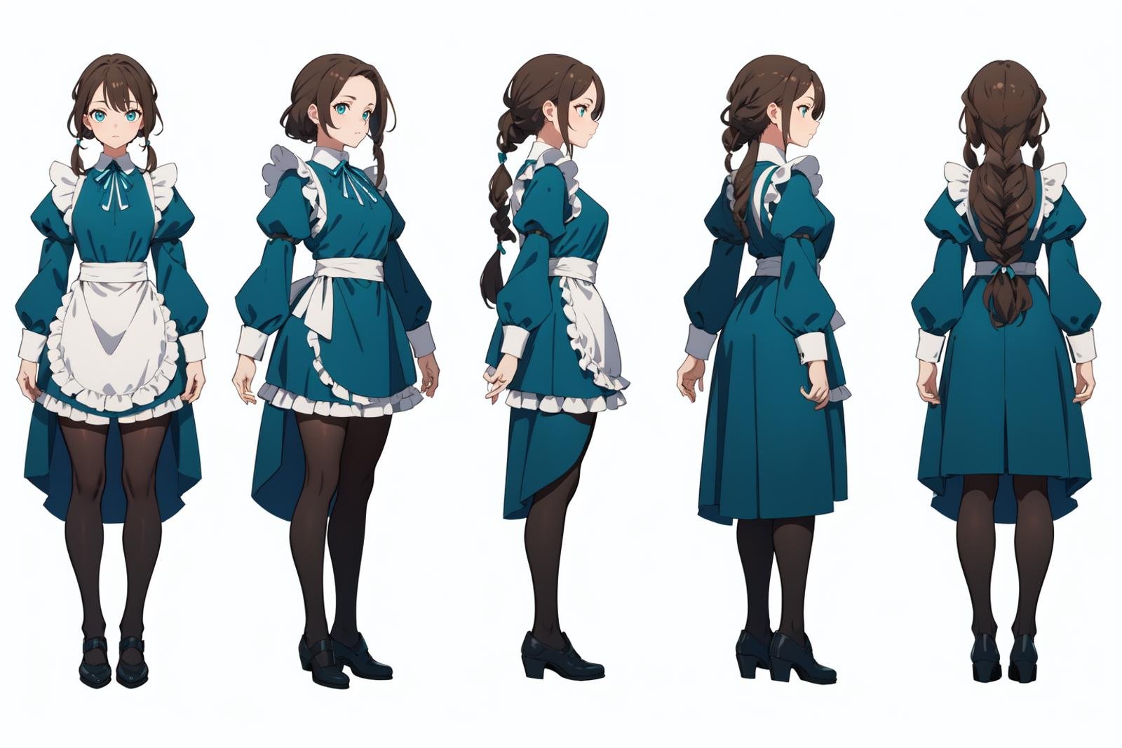 highres, masterpiece,multi-view, turnaround, model sheet,  character design,white background, simple background,full body character turnaround of 1girl, Multiple views of the same character in the same outfit,medieval,female character, teal dress, maid outfit, frilled apron, black tights, dark shoes, long brown hair, braided hairstyle, white cuffs, blue ribbon, elegant attire, layered skirt, long sleeves,<lora:CharTurnRetag_v4:0.1><lora:Witcher3turn_v1:0.1><lora:Medieval2turn_v1:0.6><lora:bg3Turn_v1:0.1>