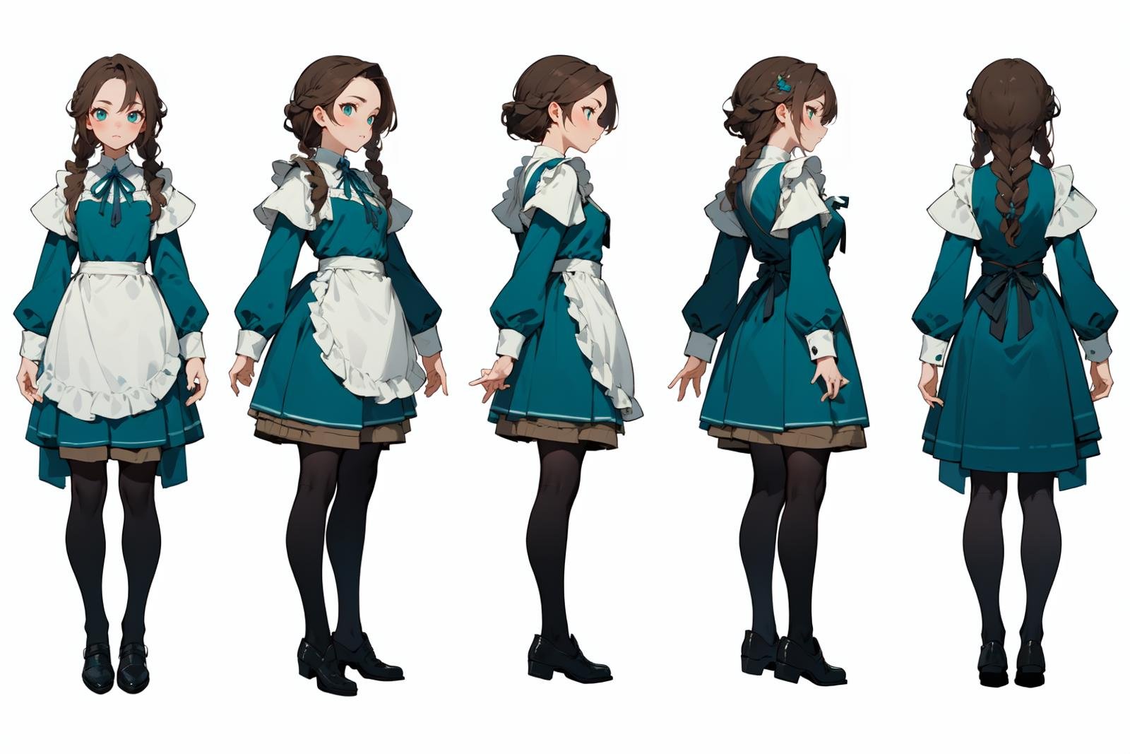 highres, masterpiece,multi-view, turnaround, model sheet,  character design,white background, simple background,full body character turnaround of 1girl, Multiple views of the same character in the same outfit,medieval,female character, teal dress, maid outfit, frilled apron, black tights, dark shoes, long brown hair, braided hairstyle, white cuffs, blue ribbon, elegant attire, layered skirt, long sleeves,<lora:CharTurnRetag_v4:0.1><lora:Witcher3turn_v1:0.1><lora:Medieval2turn_v1:0.6><lora:bg3Turn_v1:0.1>