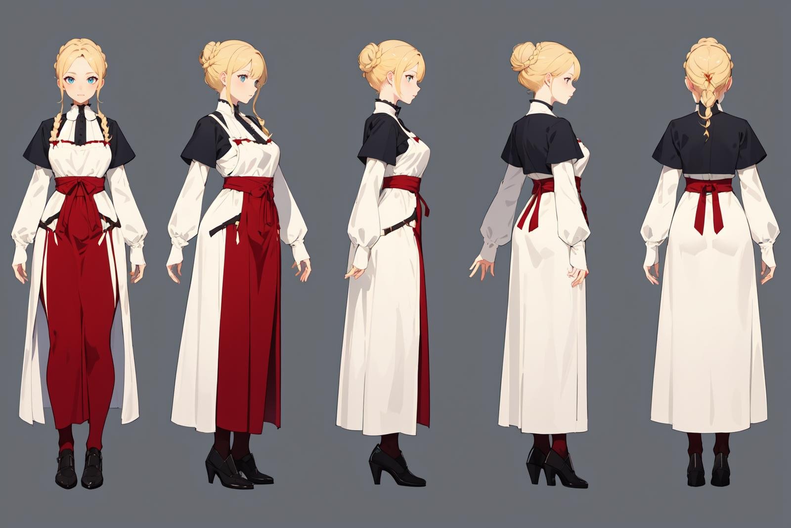 highres, masterpiece,multi-view, turnaround, model sheet,  character design,white background, simple background,full body character turnaround of 1girl, Multiple views of the same character in the same outfit,medieval,blonde hair, braided bun, victorian dress, long sleeves, apron, maroon dress, white apron, button details, black shoes, historical attire, traditional clothing, adult, period costume, elegant dress, detailed illustration, classic style, full-length dress,<lora:CharTurnRetag_v4:0.1><lora:Witcher3turn_v1:0.1><lora:Medieval2turn_v1:0.6><lora:bg3Turn_v1:0.1>