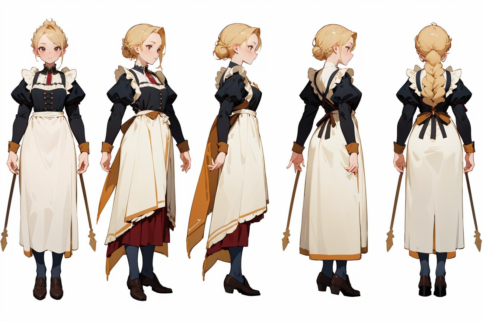 highres, masterpiece,multi-view, turnaround, model sheet,  character design,white background, simple background,full body character turnaround of 1girl, Multiple views of the same character in the same outfit,medieval,blonde hair, braided bun, victorian dress, long sleeves, apron, maroon dress, white apron, button details, black shoes, historical attire, traditional clothing, adult, period costume, elegant dress, detailed illustration, classic style, full-length dress,<lora:CharTurnRetag_v4:0.1><lora:Witcher3turn_v1:0.1><lora:Medieval2turn_v1:0.6><lora:bg3Turn_v1:0.1>