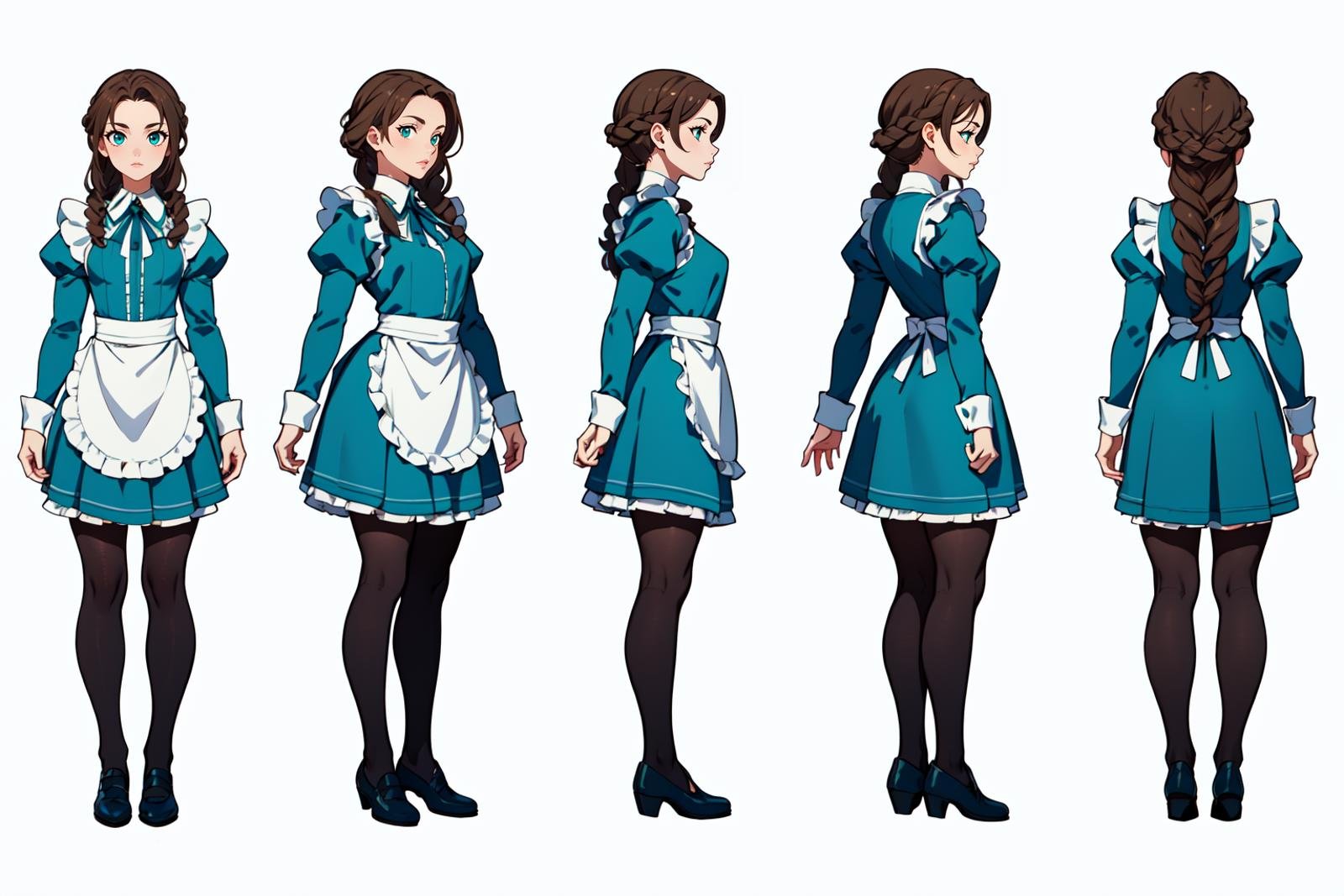 highres, masterpiece,multi-view, turnaround, model sheet,  character design,white background, simple background,full body character turnaround of 1girl, Multiple views of the same character in the same outfit,medieval,female character, teal dress, maid outfit, frilled apron, black tights, dark shoes, long brown hair, braided hairstyle, white cuffs, blue ribbon, elegant attire, layered skirt, long sleeves,<lora:CharTurnRetag_v4:0.1><lora:Witcher3turn_v1:0.1><lora:Medieval2turn_v1:0.6><lora:bg3Turn_v1:0.1>