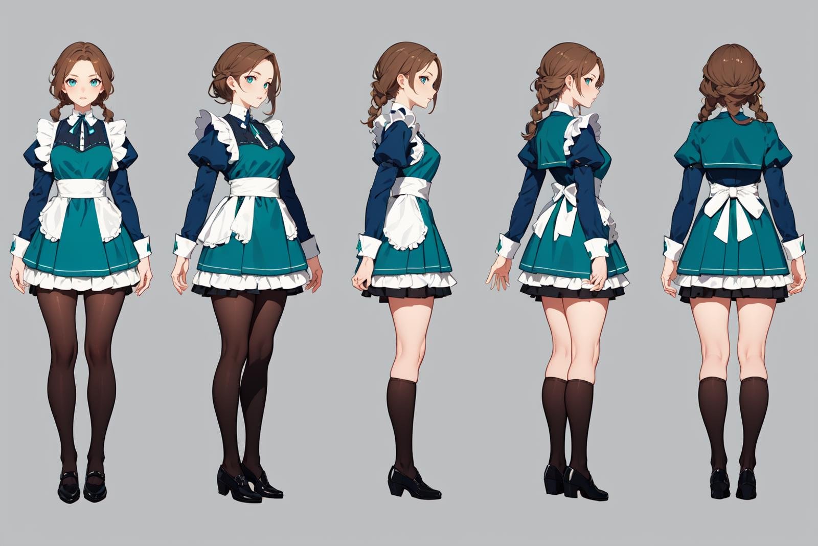 highres, masterpiece,multi-view, turnaround, model sheet,  character design,white background, simple background,full body character turnaround of 1girl, Multiple views of the same character in the same outfit,medieval,female character, teal dress, maid outfit, frilled apron, black tights, dark shoes, long brown hair, braided hairstyle, white cuffs, blue ribbon, elegant attire, layered skirt, long sleeves,<lora:CharTurnRetag_v4:0.1><lora:Witcher3turn_v1:0.1><lora:Medieval2turn_v1:0.6><lora:bg3Turn_v1:0.1>