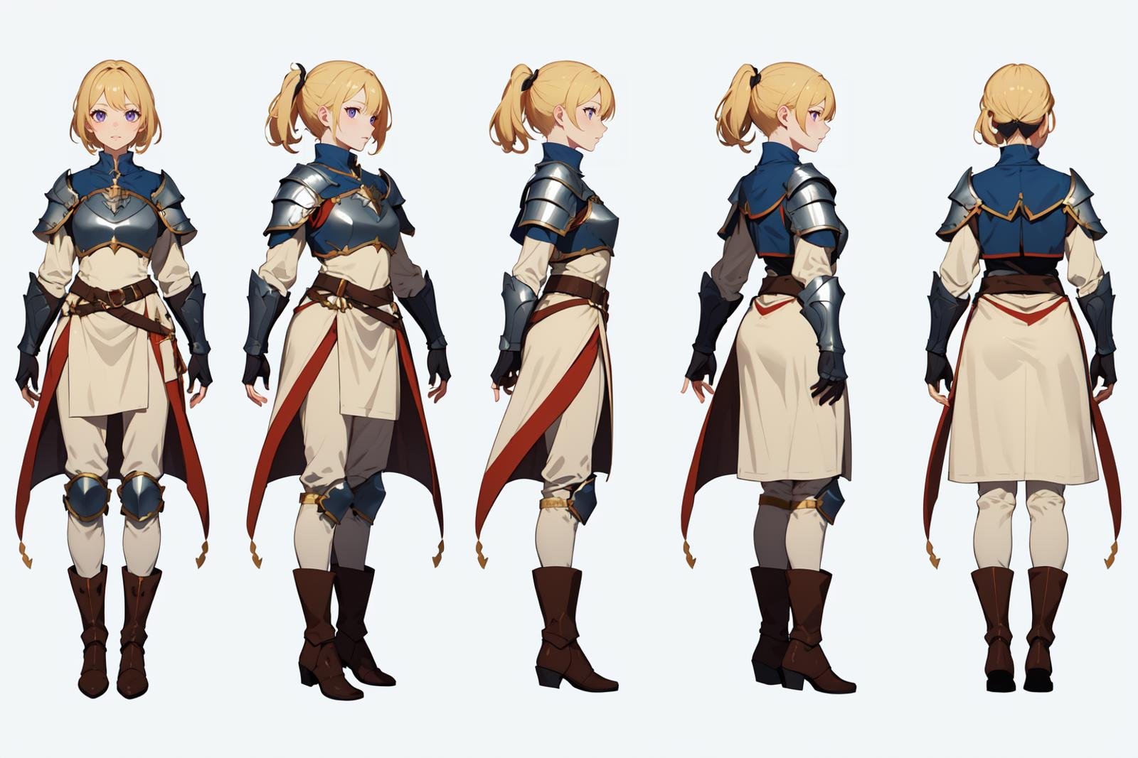 highres, masterpiece,multi-view, turnaround, model sheet,  character design,white background, simple background,full body character turnaround of 1girl, Multiple views of the same character in the same outfit,medieval, fantasy,female warrior, medieval armor, chest plate, detailed outfit, metallic chest plate, pauldrons, arm guards, knee pads, white and purple tunic, beige pants, black boots, short blonde hair, ponytails, adventure genre, clothed in layers, cloth and metal attire, armored gloves, <lora:CharTurnRetag_v4:0.1><lora:Witcher3turn_v1:0.1><lora:Medieval2turn_v1:0.6><lora:bg3Turn_v1:0.1>