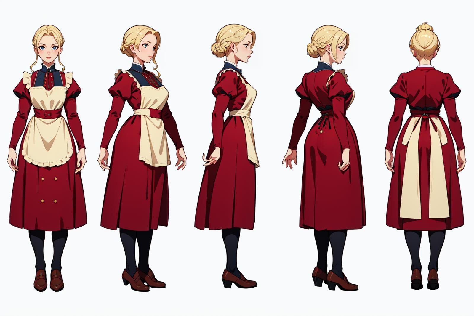 highres, masterpiece,multi-view, turnaround, model sheet,  character design,white background, simple background,full body character turnaround of 1girl, Multiple views of the same character in the same outfit,medieval,blonde hair, braided bun, victorian dress, long sleeves, apron, maroon dress, white apron, button details, black shoes, historical attire, traditional clothing, adult, period costume, elegant dress, detailed illustration, classic style, full-length dress,<lora:CharTurnRetag_v4:0.1><lora:Witcher3turn_v1:0.1><lora:Medieval2turn_v1:0.6><lora:bg3Turn_v1:0.1>