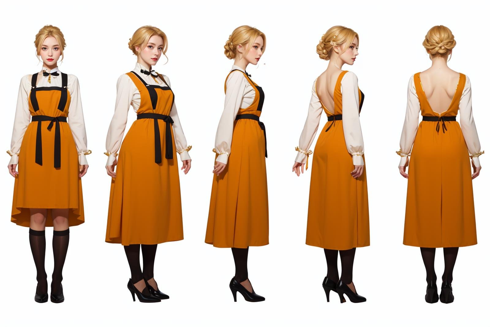 highres, masterpiece,multi-view, turnaround, model sheet,  character design,white background, simple background,full body character turnaround of 1girl, Multiple views of the same character in the same outfit,medieval,blonde hair, braided bun, victorian dress, long sleeves, apron, maroon dress, white apron, button details, black shoes, historical attire, traditional clothing, adult, period costume, elegant dress, detailed illustration, classic style, full-length dress,<lora:CharTurnRetag_v4:0.1><lora:Witcher3turn_v1:0.1><lora:Medieval2turn_v1:0.6><lora:bg3Turn_v1:0.1>