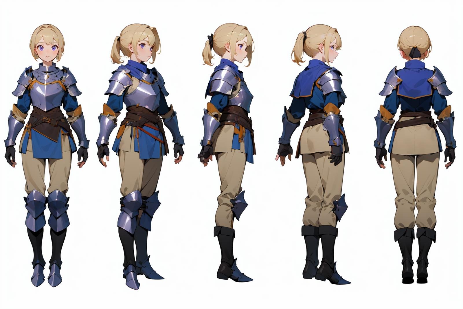 highres, masterpiece,multi-view, turnaround, model sheet,  character design,white background, simple background,full body character turnaround of 1girl, Multiple views of the same character in the same outfit,medieval, fantasy,female warrior, medieval armor, chest plate, detailed outfit, metallic chest plate, pauldrons, arm guards, knee pads, white and purple tunic, beige pants, black boots, short blonde hair, ponytails, adventure genre, clothed in layers, cloth and metal attire, armored gloves, <lora:CharTurnRetag_v4:0.1><lora:Witcher3turn_v1:0.1><lora:Medieval2turn_v1:0.6><lora:bg3Turn_v1:0.1>