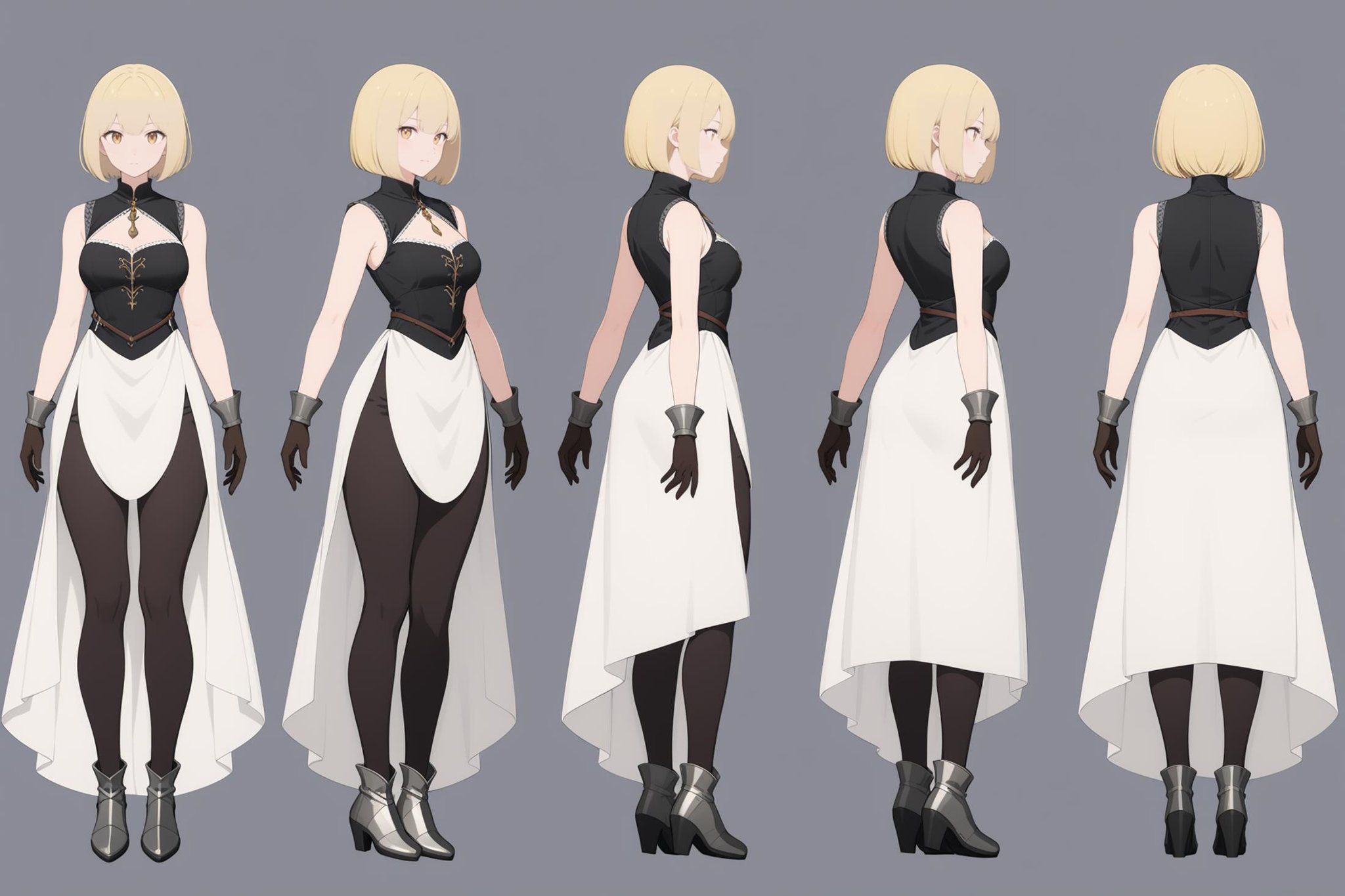 (VIEWS:0),  full body character turnaround of 1girl, Multiple views of the same character in the same outfit,  simple background, white background,(theme:0),  medieval, fantasy, Dungeon And Dragon,female character, anime style, long dress, white and black outfit, high-low skirt, gloves, metallic boots, blonde hair, bob cut, lace trim, sleeveless dress, formal attire,<lora:bg3TurnXL_v1_pony:0.1><lora:Witcher3turn_v1_Pony:0.1><lora:medieval2turn_v1_Pony:0.1><lora:CharTurnXL_v4_Pony:0.1><lora:bg3TurnXL_v1:0.1><lora:Witcher3TurnXL_v1:0.1><lora:Medieval2TurnXL_v1:0.6><lora:CharTurnXLRetag_v4:0.1>