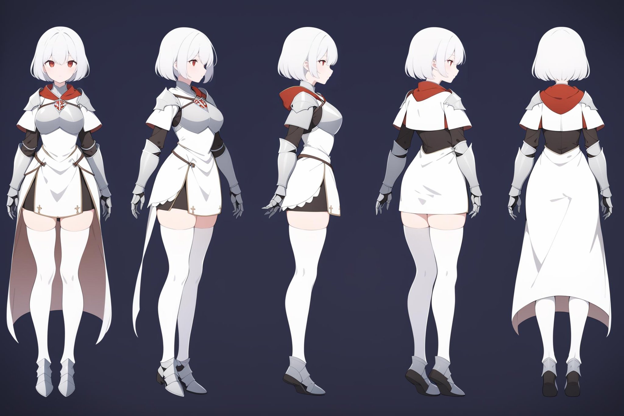 (VIEWS:0),  full body character turnaround of 1girl, Multiple views of the same character in the same outfit,  simple background, white background,(theme:0),  medieval, fantasy, Dungeon And Dragon,(rank:0),female warrior, armored character, silver armor, red accents, tunic, white thigh-high stockings, black leg guards, red cape, white bob haircut, short hair, medieval-inspired attire, detailed armor, fantasy character,<lora:bg3TurnXL_v1_pony:0.1><lora:Witcher3turn_v1_Pony:0.1><lora:medieval2turn_v1_Pony:0.1><lora:CharTurnXL_v4_Pony:0.1><lora:bg3TurnXL_v1:0.1><lora:Witcher3TurnXL_v1:0.1><lora:Medieval2TurnXL_v1:0.6><lora:CharTurnXLRetag_v4:0.1>