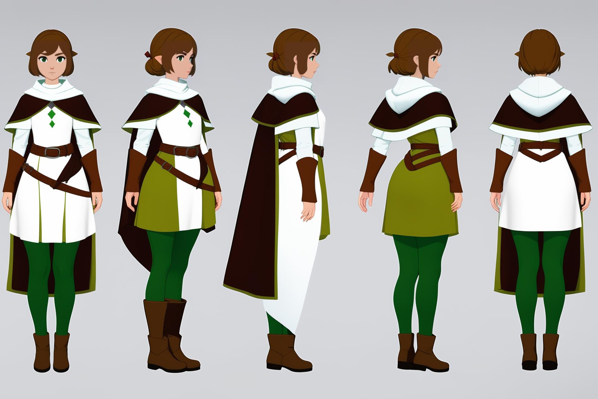 (VIEWS:0),  full body character turnaround of 1girl, Multiple views of the same character in the same outfit,  simple background, white background,(theme:0),  medieval, fantasy, Dungeon And Dragon,female character, white and green outfit, brown belt, black leggings, brown boots, cape, fantasy attire,<lora:bg3TurnXL_v1_pony:0.1><lora:Witcher3turn_v1_Pony:0.1><lora:medieval2turn_v1_Pony:0.1><lora:CharTurnXL_v4_Pony:0.1><lora:bg3TurnXL_v1:0.1><lora:Witcher3TurnXL_v1:0.1><lora:Medieval2TurnXL_v1:0.6><lora:CharTurnXLRetag_v4:0.1>