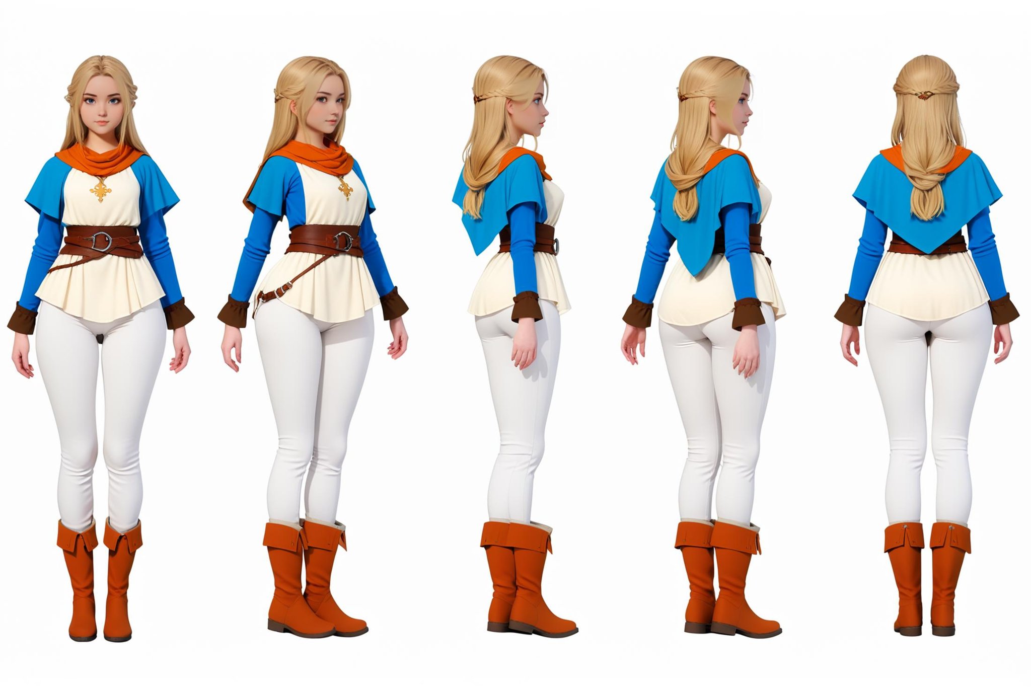 (VIEWS:0),  full body character turnaround of 1girl, Multiple views of the same character in the same outfit,  simple background, white background,(theme:0),  medieval, fantasy, Dungeon And Dragon,(rank:0),female, medieval attire, fantasy costume, long blond hair, blue shawl, orange tunic, white leggings, brown boots, brown belt, long sleeves, anime style, adventure-ready, detailed outfit, sleeve cuffs, knee-high boots, layered clothing,<lora:bg3TurnXL_v1_pony:0.1><lora:Witcher3turn_v1_Pony:0.1><lora:medieval2turn_v1_Pony:0.1><lora:CharTurnXL_v4_Pony:0.1><lora:bg3TurnXL_v1:0.1><lora:Witcher3TurnXL_v1:0.1><lora:Medieval2TurnXL_v1:0.6><lora:CharTurnXLRetag_v4:0.1>