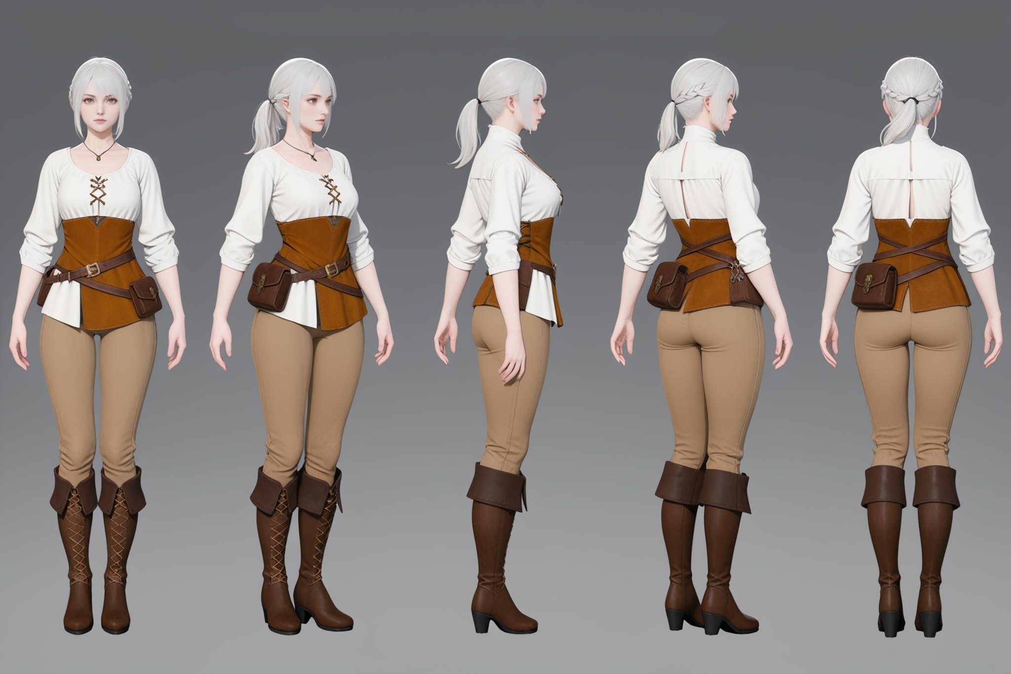 (VIEWS:0),  full body character turnaround of 1girl, Multiple views of the same character in the same outfit,  simple background, white background,(theme:0),  medieval, fantasy, Dungeon And Dragon,(rank:0), female character, white blouse, brown trousers, leather boots, belt with pouches, fantasy style, adventuring gear, medieval influence, white hair, ponytail hairstyle, realistic texture, costume detail, high boots, suede material, stitching details, brass buckles,<lora:bg3TurnXL_v1_pony:0.1><lora:Witcher3turn_v1_Pony:0.1><lora:medieval2turn_v1_Pony:0.1><lora:CharTurnXL_v4_Pony:0.1><lora:bg3TurnXL_v1:0.1><lora:Witcher3TurnXL_v1:0.6><lora:Medieval2TurnXL_v1:0.1><lora:CharTurnXLRetag_v4:0.1>