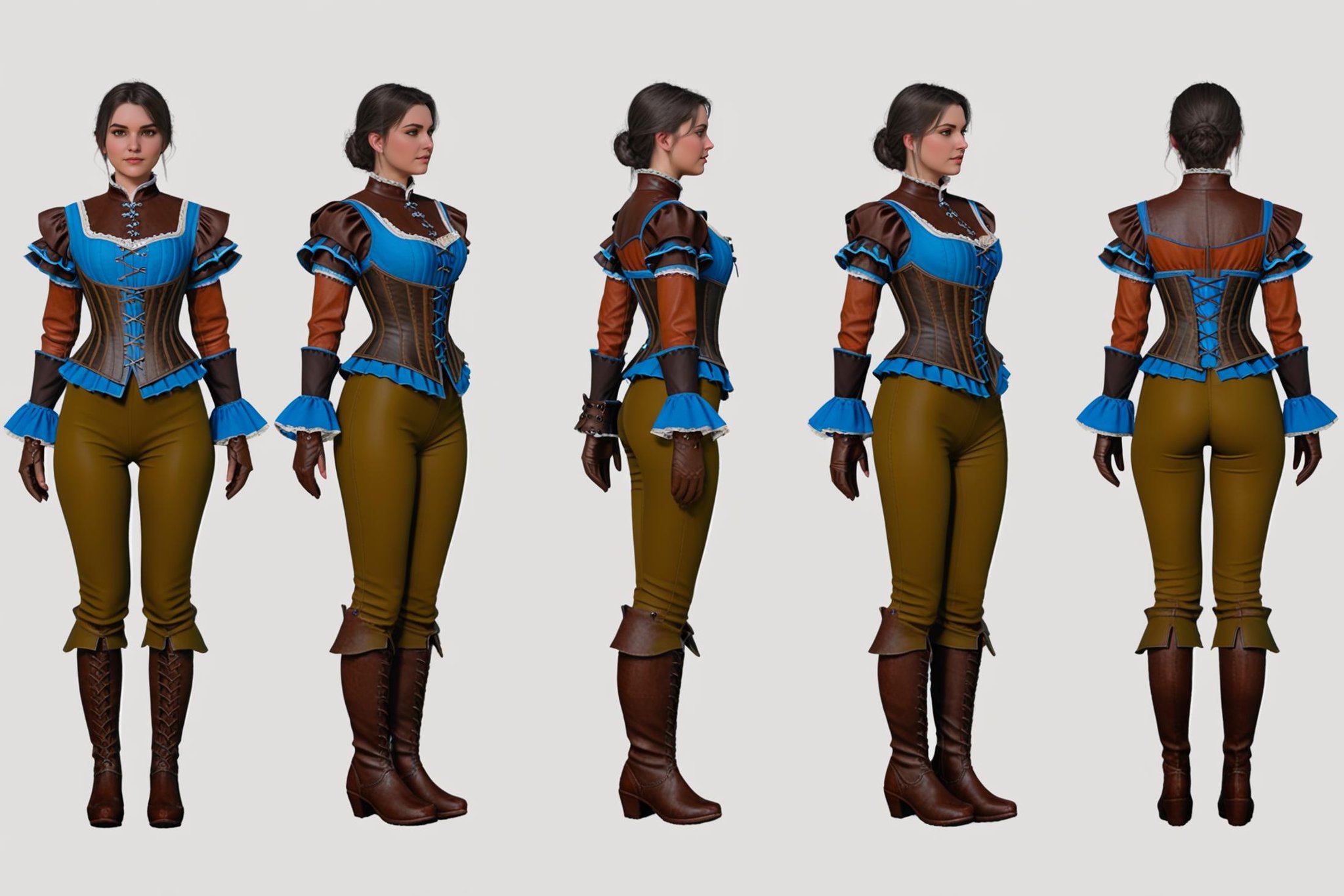 (VIEWS:0),  full body character turnaround of 1girl, Multiple views of the same character in the same outfit,  simple background, white background,(theme:0),  medieval, fantasy, Dungeon And Dragon,(rank:0), female character, detailed costume design, embroidered corset, lace detailing, leather gloves, brown leather boots, high collar, patterned blouse, fantasy attire, ornamental accessories, layered clothing, Victorian-era influence, ruffled cuffs and pants,<lora:bg3TurnXL_v1_pony:0.1><lora:Witcher3turn_v1_Pony:0.1><lora:medieval2turn_v1_Pony:0.1><lora:CharTurnXL_v4_Pony:0.1><lora:bg3TurnXL_v1:0.1><lora:Witcher3TurnXL_v1:0.6><lora:Medieval2TurnXL_v1:0.1><lora:CharTurnXLRetag_v4:0.1>