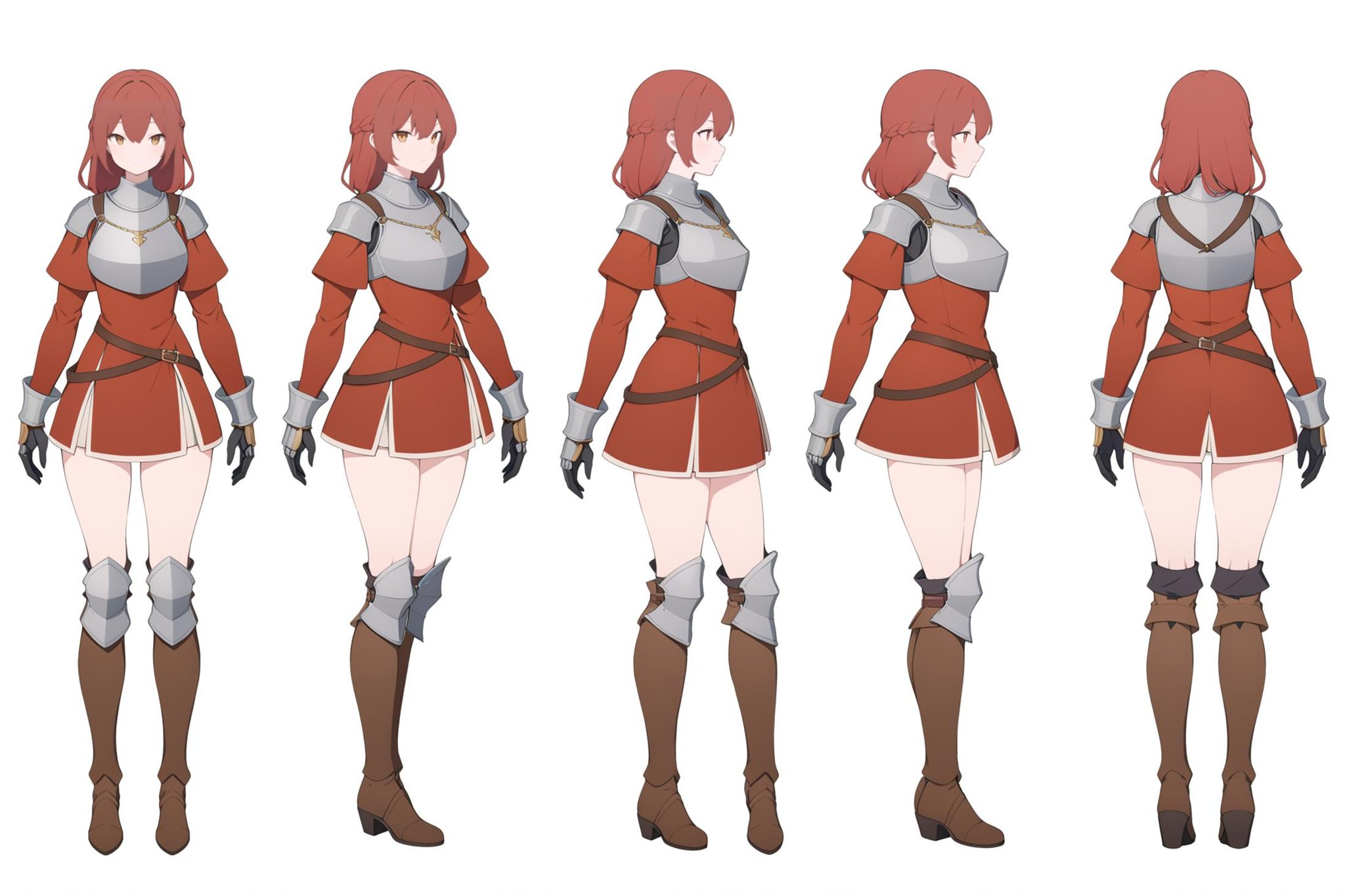 (VIEWS:0),  full body character turnaround of 1girl, Multiple views of the same character in the same outfit,  simple background, white background,(theme:0),  medieval, fantasy, Dungeon And Dragon,(rank:0), female character, knight, medieval armor, red tunic, silver breastplate, greaves, gauntlets, brown boots, leather belt, gold buckle, armed stance, historical costume, full-body suit,<lora:bg3TurnXL_v1_pony:0.1><lora:Witcher3turn_v1_Pony:0.1><lora:medieval2turn_v1_Pony:0.1><lora:CharTurnXL_v4_Pony:0.1><lora:bg3TurnXL_v1:0.1><lora:Witcher3TurnXL_v1:0.6><lora:Medieval2TurnXL_v1:0.1><lora:CharTurnXLRetag_v4:0.1>