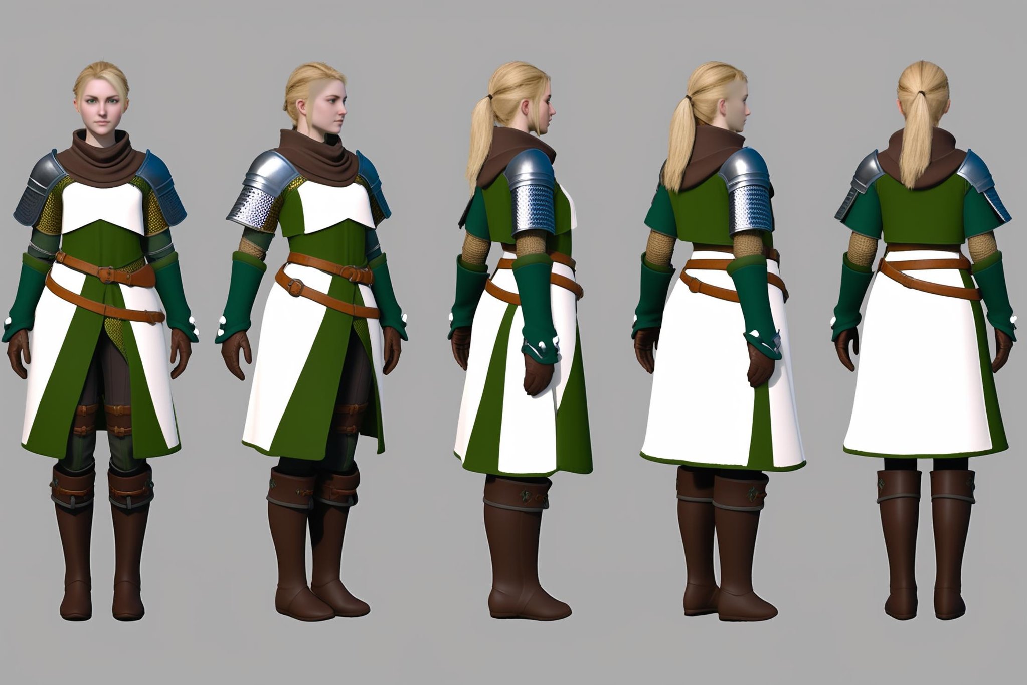 (VIEWS:0),  full body character turnaround of 1girl, Multiple views of the same character in the same outfit,  simple background, white background,(theme:0),  medieval, fantasy, Dungeon And Dragon,female character, medieval knight, armor, chainmail, full-body suit, blonde hair, ponytail, green and brown robes, leather belts, gloves, boots, shoulder armor, armband, fantasy, adventure,<lora:bg3TurnXL_v1_pony:0.1><lora:Witcher3turn_v1_Pony:0.1><lora:medieval2turn_v1_Pony:0.1><lora:CharTurnXL_v4_Pony:0.1><lora:bg3TurnXL_v1:0.1><lora:Witcher3TurnXL_v1:0.6><lora:Medieval2TurnXL_v1:0.1><lora:CharTurnXLRetag_v4:0.1>