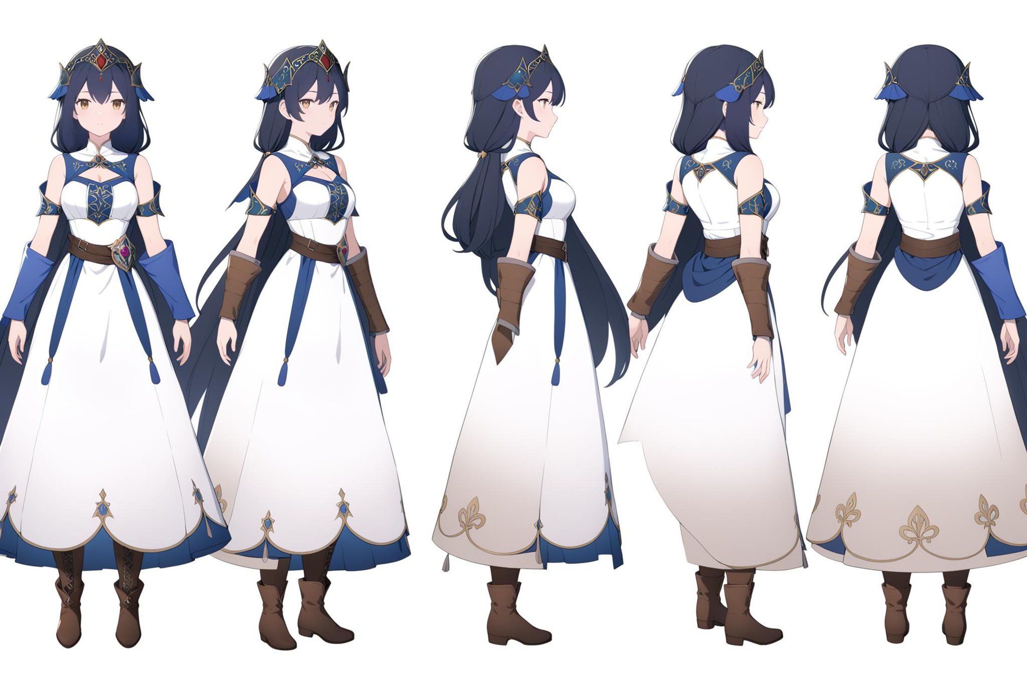 (VIEWS:0),  full body character turnaround of 1girl, Multiple views of the same character in the same outfit,  simple background, white background,(theme:0),  medieval, fantasy, Dungeon And Dragon,(rank:0),female character, multiple views, fantasy dress,  attire, intricate embroidery, medieval style, fantasy style, cloth texture, sleeveless top, layered dress, winter boots, ornate belt,fantasy attire, robes, mystical, magical theme, embroidered robes, boots, fantasy game character design, ornate accessories, majestic,<lora:bg3TurnXL_v1_pony:0.1><lora:Witcher3turn_v1_Pony:0.1><lora:medieval2turn_v1_Pony:0.1><lora:CharTurnXL_v4_Pony:0.1><lora:bg3TurnXL_v1:0.6><lora:Witcher3TurnXL_v1:0.1><lora:Medieval2TurnXL_v1:0.1><lora:CharTurnXLRetag_v4:0.1>