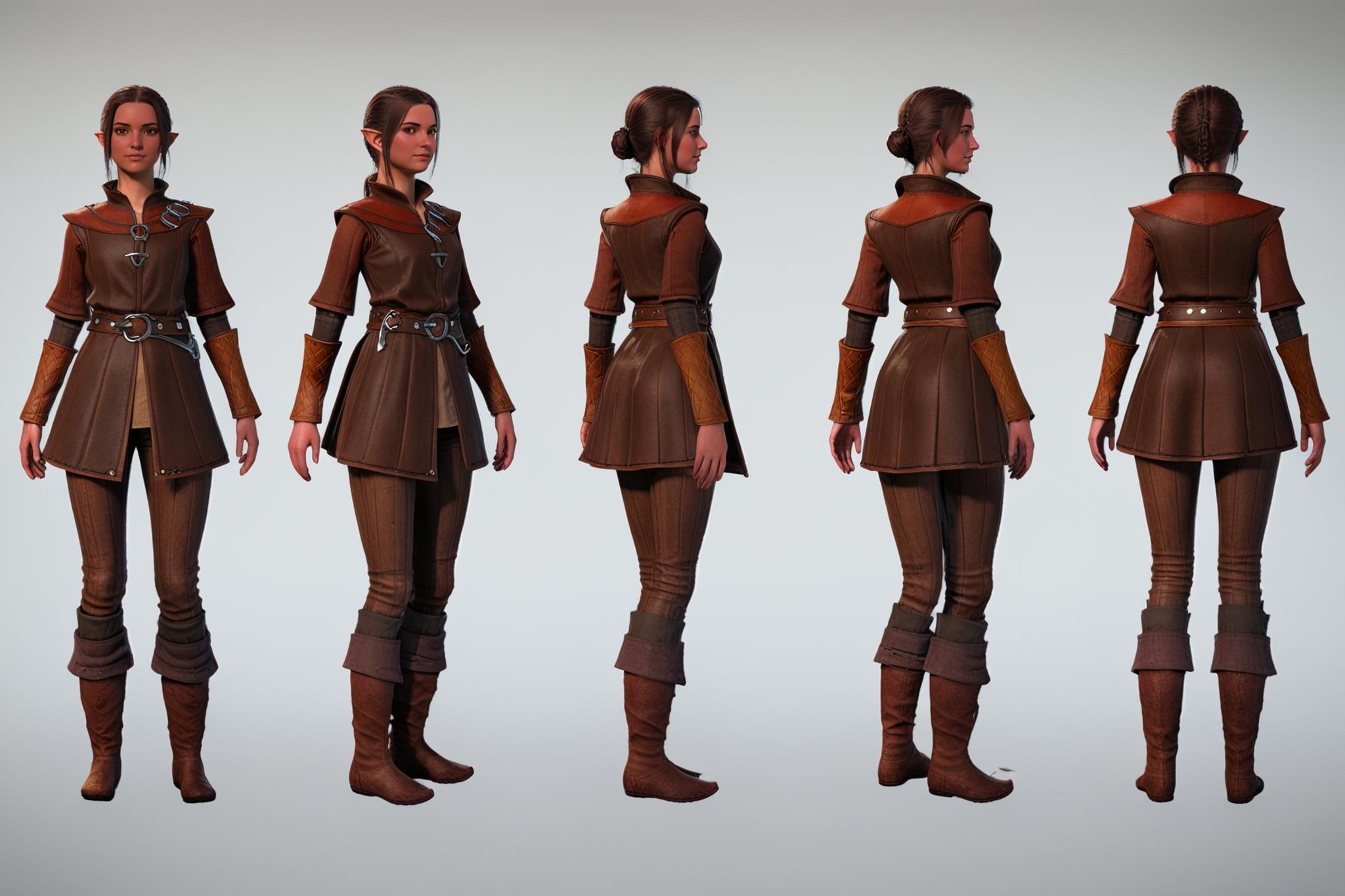 (VIEWS:0),  full body character turnaround of 1girl, Multiple views of the same character in the same outfit,  simple background, white background,(theme:0),  medieval, fantasy, Dungeon And Dragon,(rank:0), female, fantasy character, brown attire, leather tunic, layered clothing, boots, leggings, fantasy belt with buckle, realistic texture, aged effect on leather,<lora:bg3TurnXL_v1_pony:0.1><lora:Witcher3turn_v1_Pony:0.1><lora:medieval2turn_v1_Pony:0.1><lora:CharTurnXL_v4_Pony:0.1><lora:bg3TurnXL_v1:0.6><lora:Witcher3TurnXL_v1:0.1><lora:Medieval2TurnXL_v1:0.1><lora:CharTurnXLRetag_v4:0.1>