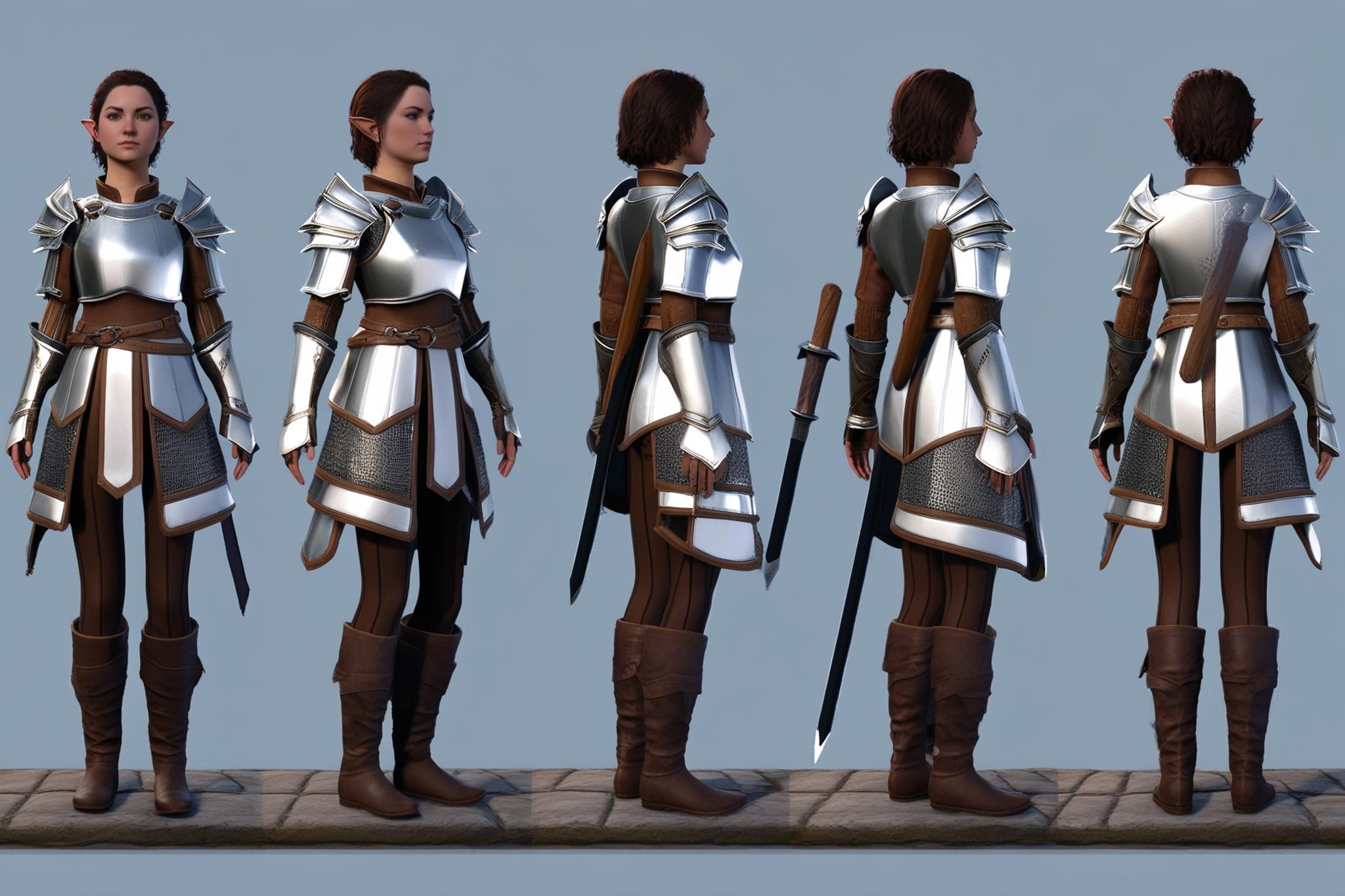 (VIEWS:0),  full body character turnaround of 1girl, Multiple views of the same character in the same outfit,  simple background, white background,(theme:0),  medieval, fantasy, Dungeon And Dragon,(rank:0),  female warrior, fantasy armor, silver armor, intricate design, leather accents, fantasy character, full-body armor, armored boots, gauntlets, detailed texture, metal reflections,<lora:bg3TurnXL_v1_pony:0.1><lora:Witcher3turn_v1_Pony:0.1><lora:medieval2turn_v1_Pony:0.1><lora:CharTurnXL_v4_Pony:0.1><lora:bg3TurnXL_v1:0.6><lora:Witcher3TurnXL_v1:0.1><lora:Medieval2TurnXL_v1:0.1><lora:CharTurnXLRetag_v4:0.1>