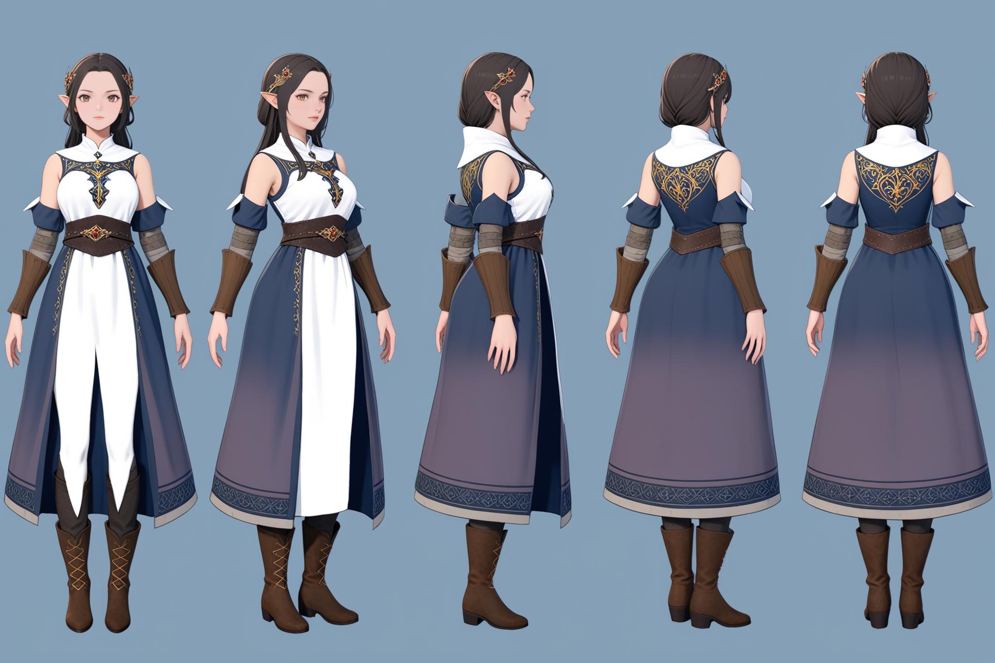 (VIEWS:0),  full body character turnaround of 1girl, Multiple views of the same character in the same outfit,  simple background, white background,(theme:0),  medieval, fantasy, Dungeon And Dragon,(rank:0), female character, multiple views, fantasy dress, attire, intricate embroidery, medieval style, fantasy style, cloth texture, sleeveless top, layered dress, winter boots, ornate belt,fantasy attire, robes, mystical, magical theme, embroidered robes, boots, fantasy game character design, ornate accessories, majestic,<lora:bg3TurnXL_v1_pony:0.1><lora:Witcher3turn_v1_Pony:0.1><lora:medieval2turn_v1_Pony:0.1><lora:CharTurnXL_v4_Pony:0.1><lora:bg3TurnXL_v1:0.6><lora:Witcher3TurnXL_v1:0.1><lora:Medieval2TurnXL_v1:0.1><lora:CharTurnXLRetag_v4:0.1>