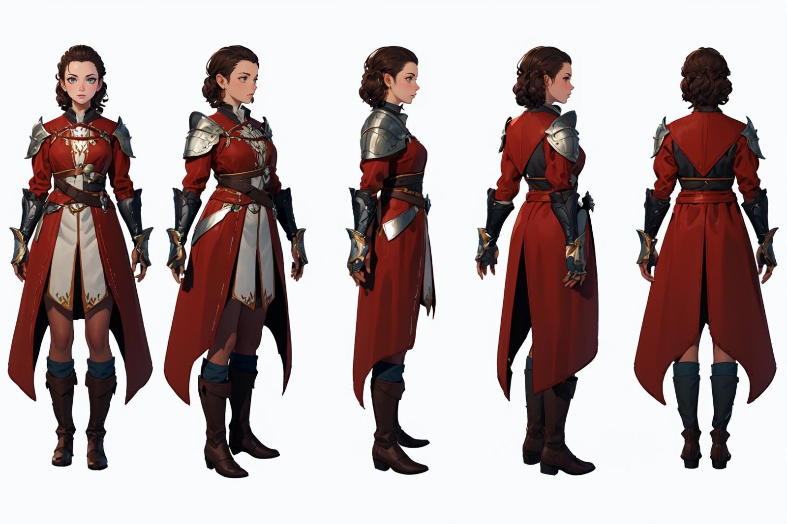 highres, masterpiece,multi-view, turnaround, model sheet,  character design,white background, simple background,full body character turnaround of 1girl, Multiple views of the same character in the same outfit,medieval, fantasy,female warrior, mail armor, long surcoat, leather boots, armored gauntlets, ornate design, chainmail, leather boots, armored gauntlets, fantasy character, intricate detailing, protective gear, brown trousers, <lora:CharTurnRetag_v4:0.1><lora:Witcher3turn_v1:0.1><lora:Medieval2turn_v1:0.1><lora:bg3Turn_v1:0.6>