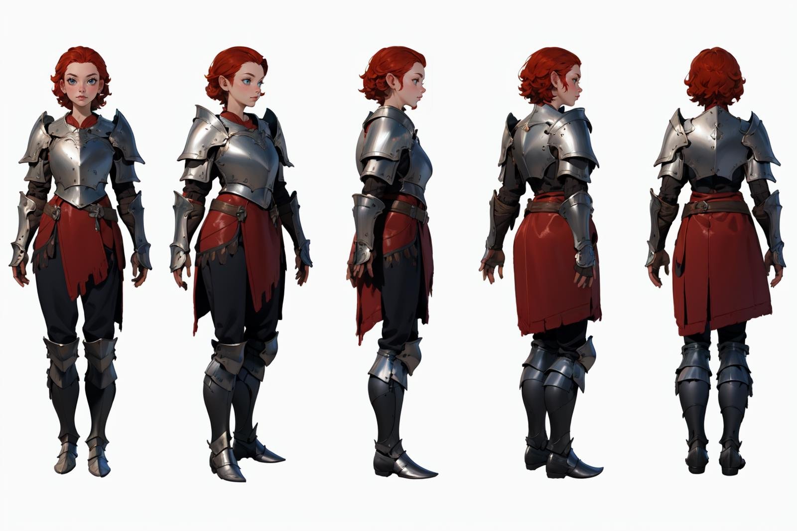 highres, masterpiece,multi-view, turnaround, model sheet,  character design,white background, simple background,full body character turnaround of 1girl, Multiple views of the same character in the same outfit,medieval, fantasy,female character, fantasy armor, red hair, fair skin, intricate armor design, leather textures, armored boots, full-body armor, fantasy game character, detailed textures, metallic accents, dark and silver armor,  fantasy setting, character design, <lora:CharTurnRetag_v4:0.1><lora:Witcher3turn_v1:0.1><lora:Medieval2turn_v1:0.1><lora:bg3Turn_v1:0.6>