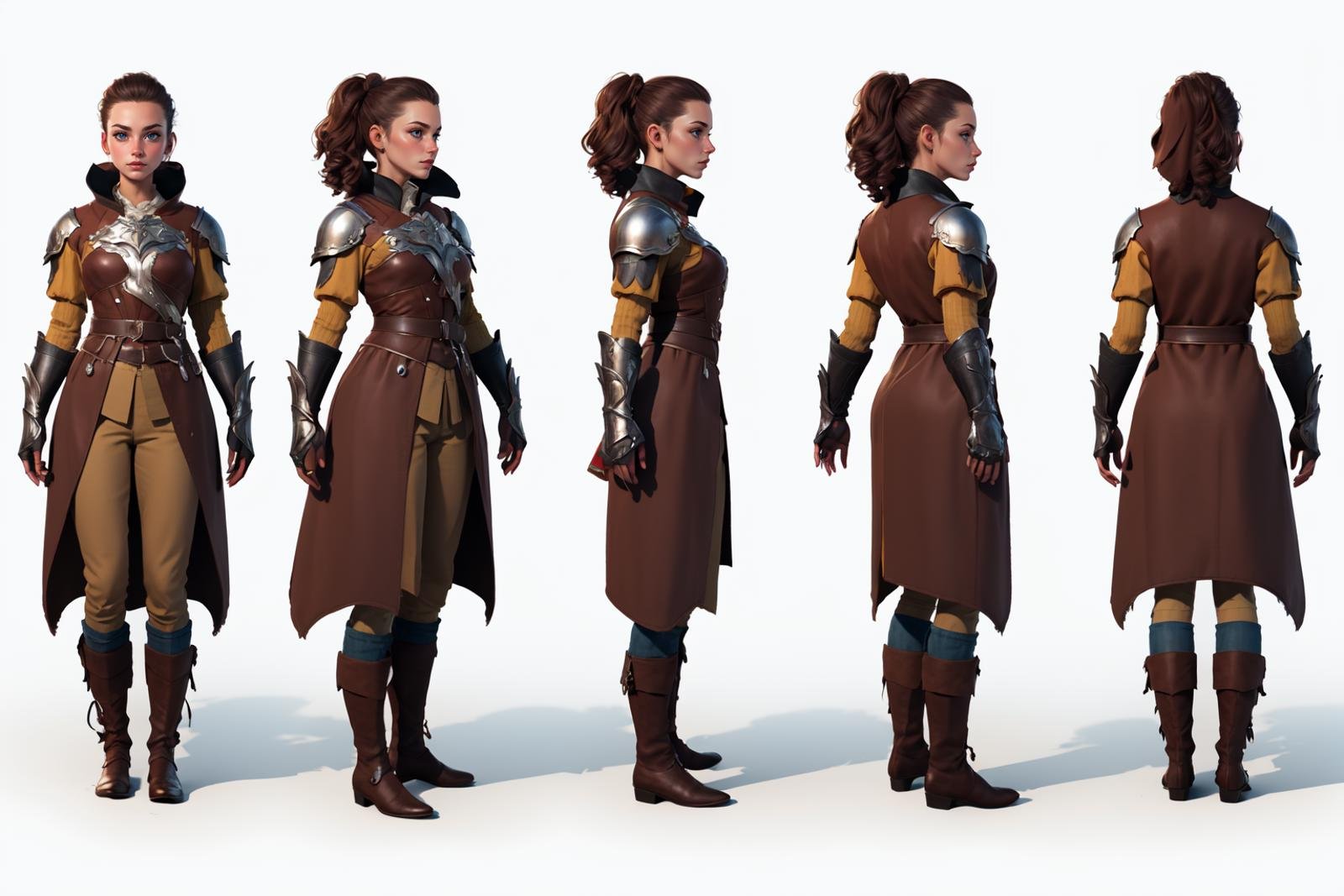 highres, masterpiece,multi-view, turnaround, model sheet,  character design,white background, simple background,full body character turnaround of 1girl, Multiple views of the same character in the same outfit,medieval, fantasy,female warrior, mail armor, long surcoat, leather boots, armored gauntlets, ornate design, chainmail, leather boots, armored gauntlets, fantasy character, intricate detailing, protective gear, brown trousers, <lora:CharTurnRetag_v4:0.1><lora:Witcher3turn_v1:0.1><lora:Medieval2turn_v1:0.1><lora:bg3Turn_v1:0.6>