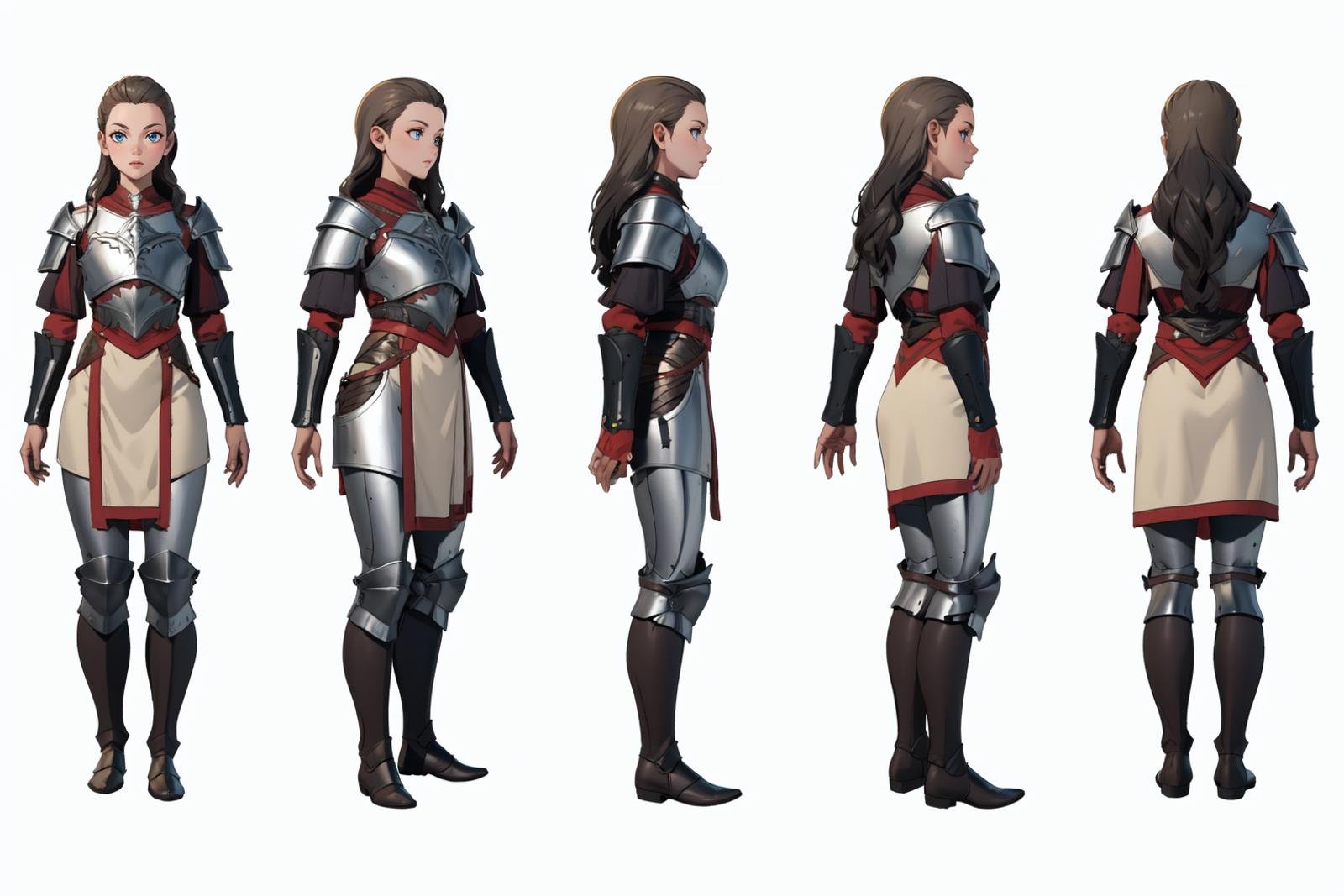 highres, masterpiece,multi-view, turnaround, model sheet,  character design,white background, simple background,full body character turnaround of 1girl, Multiple views of the same character in the same outfit,medieval, fantasy,female character, fantasy armor, long hair, fair skin, intricate armor design, leather textures, armored boots, full-body armor, fantasy game character, detailed textures, metallic accents, dark and silver armor,  fantasy setting, character design, <lora:CharTurnRetag_v4:0.1><lora:Witcher3turn_v1:0.1><lora:Medieval2turn_v1:0.1><lora:bg3Turn_v1:0.6>