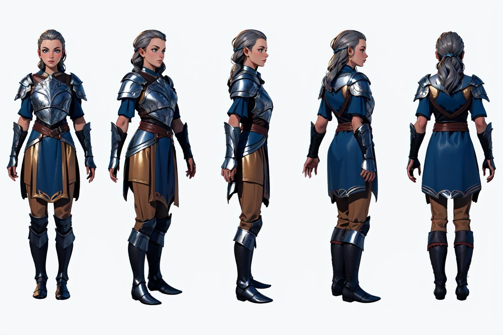 highres, masterpiece,multi-view, turnaround, model sheet,  character design,white background, simple background,full body character turnaround of 1girl, Multiple views of the same character in the same outfit,medieval, fantasy,female character, fantasy armor, long hair, fair skin, intricate armor design, leather textures, armored boots, full-body armor, fantasy game character, detailed textures, metallic accents, dark and silver armor,  fantasy setting, character design, <lora:CharTurnRetag_v4:0.1><lora:Witcher3turn_v1:0.1><lora:Medieval2turn_v1:0.1><lora:bg3Turn_v1:0.6>