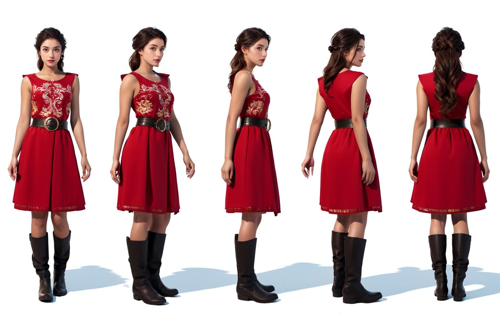 highres, masterpiece,multi-view, turnaround, model sheet,  character design,white background, simple background,full body character turnaround of 1girl, Multiple views of the same character in the same outfit,medieval, fantasy,female character, fantasy dress, brown attire, full-body outfit, medium-length hair, Caucasian, light skin, young adult, intricate embroidery, medieval style, fantasy style, cloth texture, sleeveless top, layered dress, winter boots, ornate belt, <lora:CharTurnRetag_v4:0.1><lora:Witcher3turn_v1:0.1><lora:Medieval2turn_v1:0.1><lora:bg3Turn_v1:0.6>