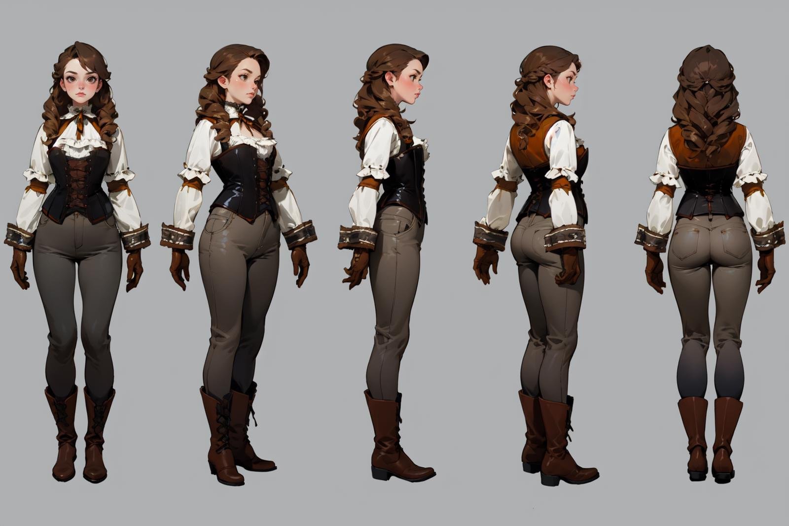 highres, masterpiece,multi-view, turnaround, model sheet,  character design,white background, simple background,full body character turnaround of 1girl, Multiple views of the same character in the same outfit,detailed costume design, embroidered corset, lace detailing, leather gloves, brown leather boots, high collar, patterned blouse, fantasy attire, trousers, detailed braided hairstyle, ornamental accessories, layered clothing, Victorian-era influence, ruffled cuffs and pants,<lora:CharTurnRetag_v4:0.1><lora:Witcher3turn_v1:0.6><lora:Medieval2turn_v1:0.1><lora:bg3Turn_v1:0.1>