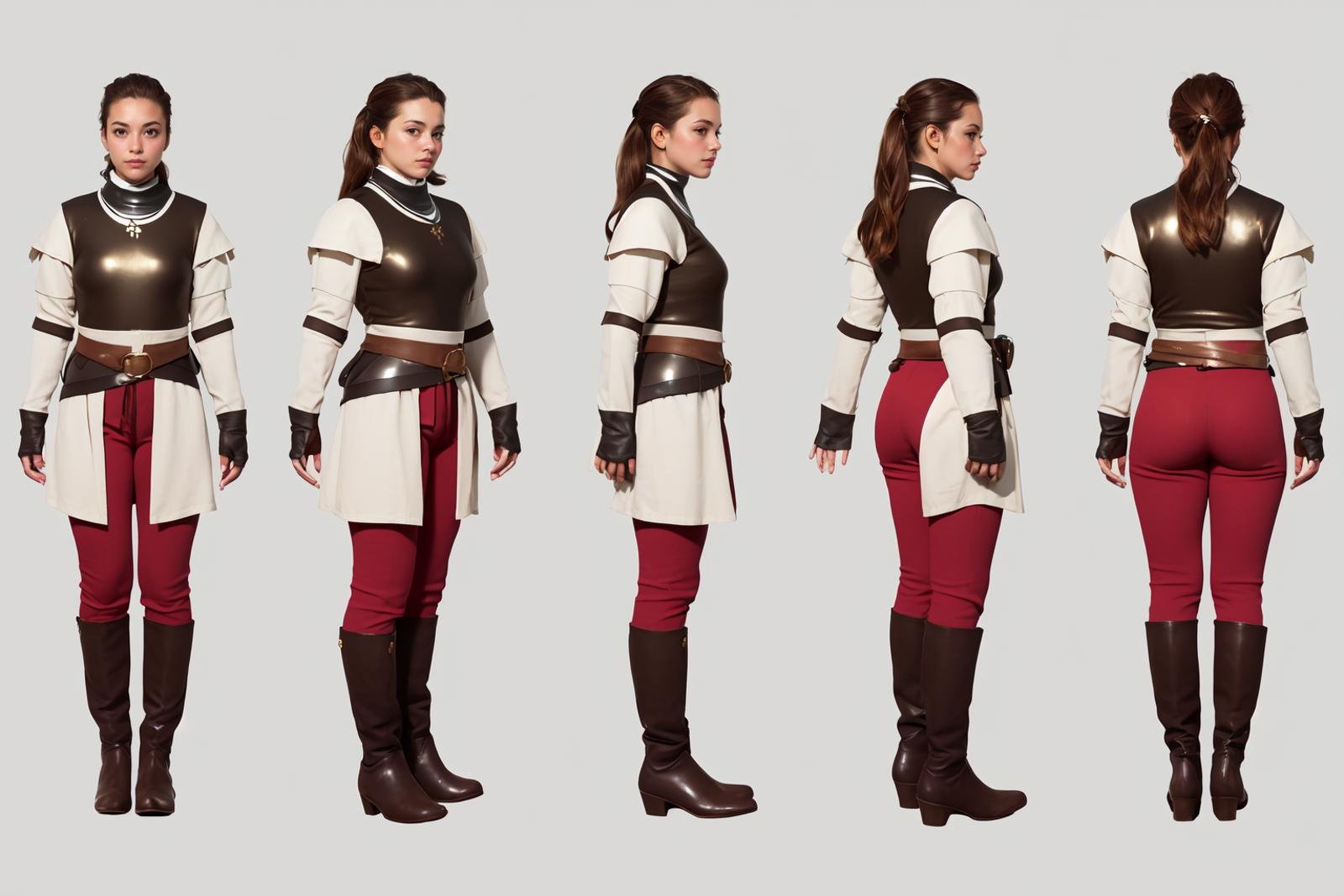 highres, masterpiece,multi-view, turnaround, model sheet,  character design,white background, simple background,full body character turnaround of 1girl, Multiple views of the same character in the same outfit,female knight, medieval armor, red tunic, silver breastplate, greaves, gauntlets, brown boots, leather belt, gold buckle, side profile, armed stance, historical costume, realistic textures, full-body suit, pants, trousers, <lora:CharTurnRetag_v4:0.1><lora:Witcher3turn_v1:0.6><lora:Medieval2turn_v1:0.1><lora:bg3Turn_v1:0.1>