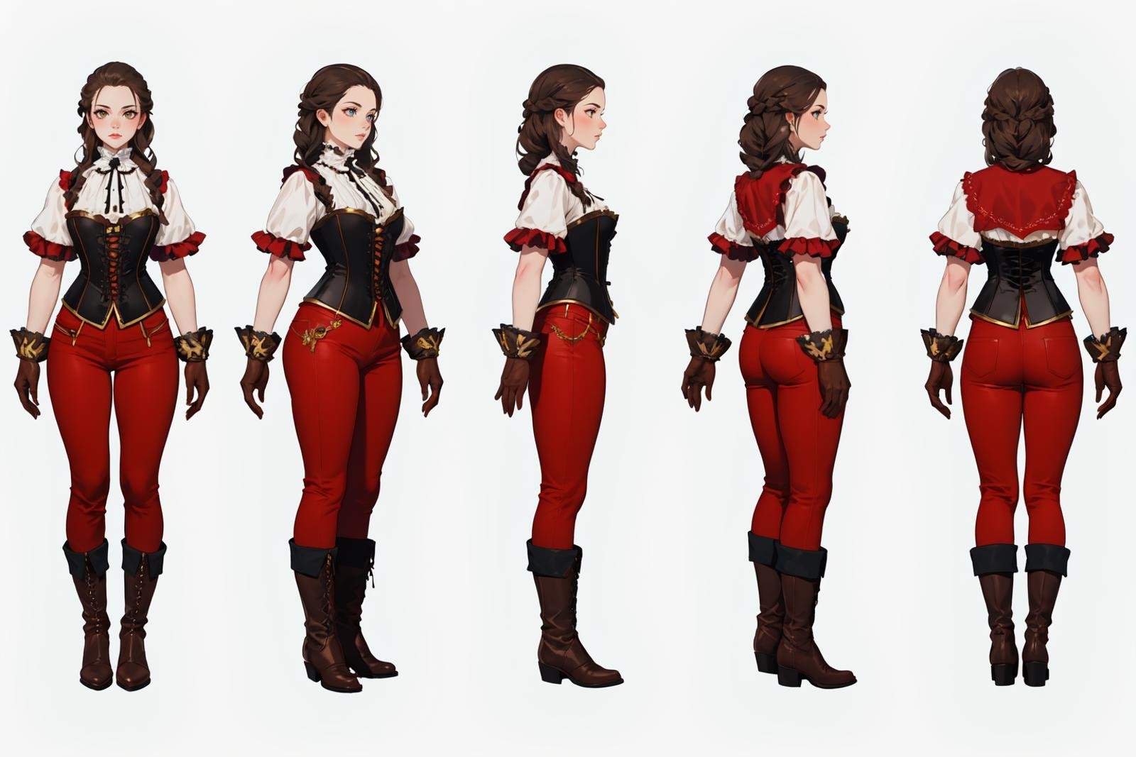 highres, masterpiece,multi-view, turnaround, model sheet,  character design,white background, simple background,full body character turnaround of 1girl, Multiple views of the same character in the same outfit,detailed costume design, embroidered corset, lace detailing, leather gloves, brown leather boots, high collar, patterned blouse, fantasy attire, trousers, detailed braided hairstyle, ornamental accessories, layered clothing, Victorian-era influence, ruffled cuffs and pants,<lora:CharTurnRetag_v4:0.1><lora:Witcher3turn_v1:0.6><lora:Medieval2turn_v1:0.1><lora:bg3Turn_v1:0.1>