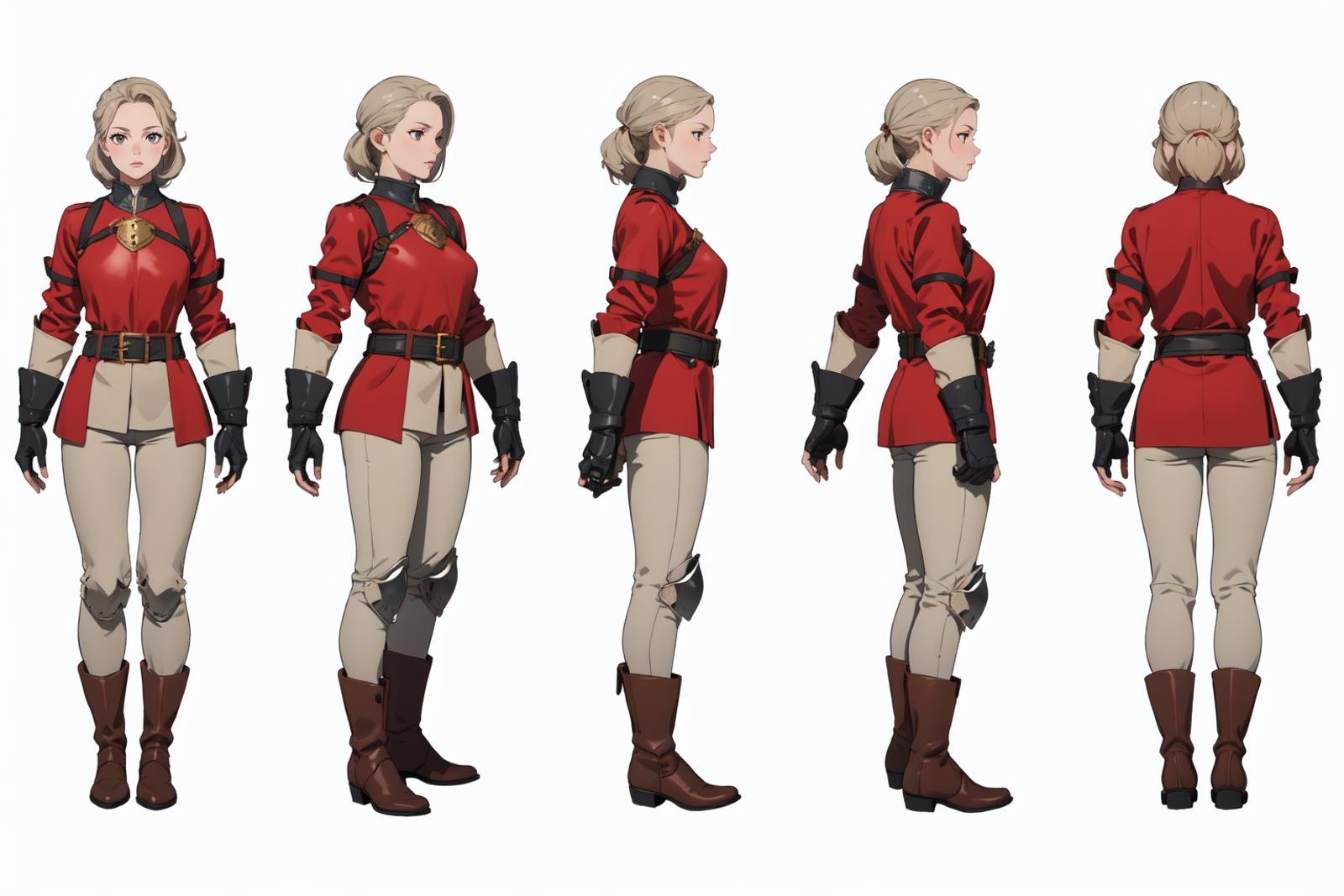 highres, masterpiece,multi-view, turnaround, model sheet,  character design,white background, simple background,full body character turnaround of 1girl, Multiple views of the same character in the same outfit,female knight, medieval armor, red tunic, silver breastplate, greaves, gauntlets, brown boots, leather belt, gold buckle, side profile, armed stance, historical costume, realistic textures, full-body suit, pants, trousers, <lora:CharTurnRetag_v4:0.1><lora:Witcher3turn_v1:0.6><lora:Medieval2turn_v1:0.1><lora:bg3Turn_v1:0.1>