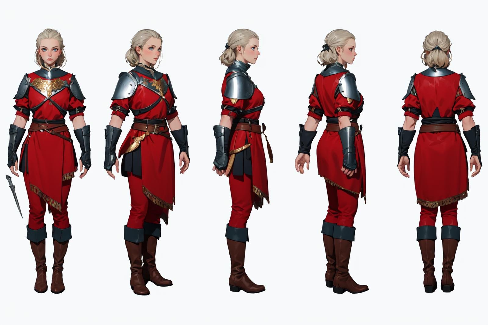 highres, masterpiece,multi-view, turnaround, model sheet,  character design,white background, simple background,full body character turnaround of 1girl, Multiple views of the same character in the same outfit,female knight, medieval armor, red tunic, silver breastplate, greaves, gauntlets, brown boots, leather belt, gold buckle, side profile, armed stance, historical costume, realistic textures, full-body suit, pants, trousers, <lora:CharTurnRetag_v4:0.1><lora:Witcher3turn_v1:0.6><lora:Medieval2turn_v1:0.1><lora:bg3Turn_v1:0.1>