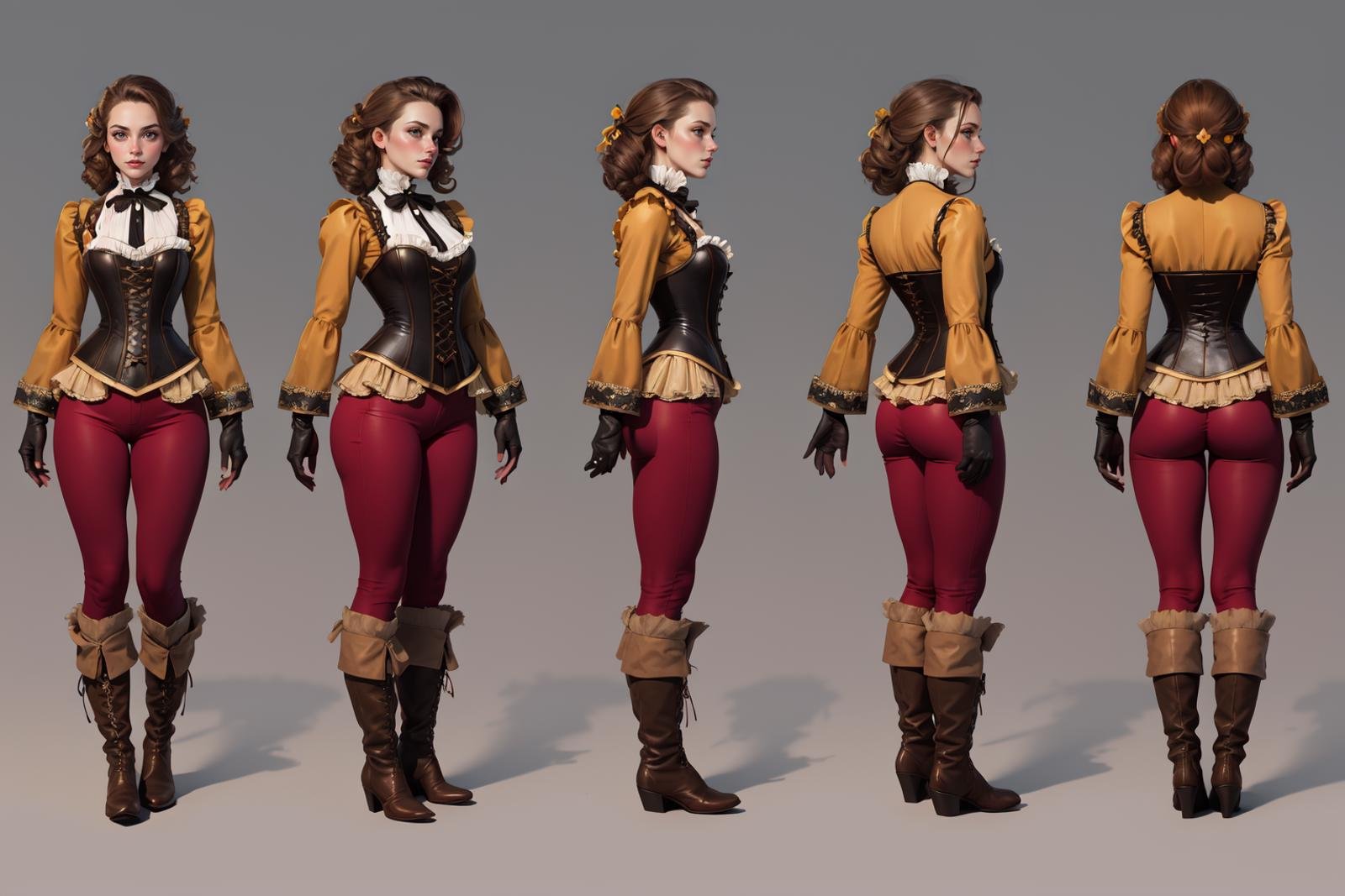 highres, masterpiece,multi-view, turnaround, model sheet,  character design,white background, simple background,full body character turnaround of 1girl, Multiple views of the same character in the same outfit,detailed costume design, embroidered corset, lace detailing, leather gloves, brown leather boots, high collar, patterned blouse, fantasy attire, trousers, detailed braided hairstyle, ornamental accessories, layered clothing, Victorian-era influence, ruffled cuffs and pants,<lora:CharTurnRetag_v4:0.1><lora:Witcher3turn_v1:0.6><lora:Medieval2turn_v1:0.1><lora:bg3Turn_v1:0.1>