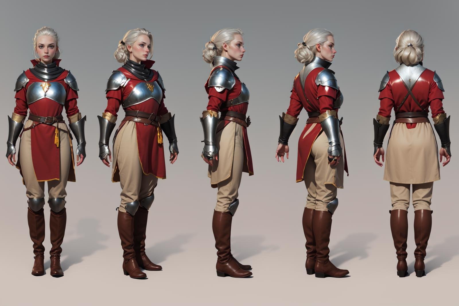 highres, masterpiece,multi-view, turnaround, model sheet,  character design,white background, simple background,full body character turnaround of 1girl, Multiple views of the same character in the same outfit,female knight, medieval armor, red tunic, silver breastplate, greaves, gauntlets, brown boots, leather belt, gold buckle, side profile, armed stance, historical costume, realistic textures, full-body suit, pants, trousers, <lora:CharTurnRetag_v4:0.1><lora:Witcher3turn_v1:0.6><lora:Medieval2turn_v1:0.1><lora:bg3Turn_v1:0.1>